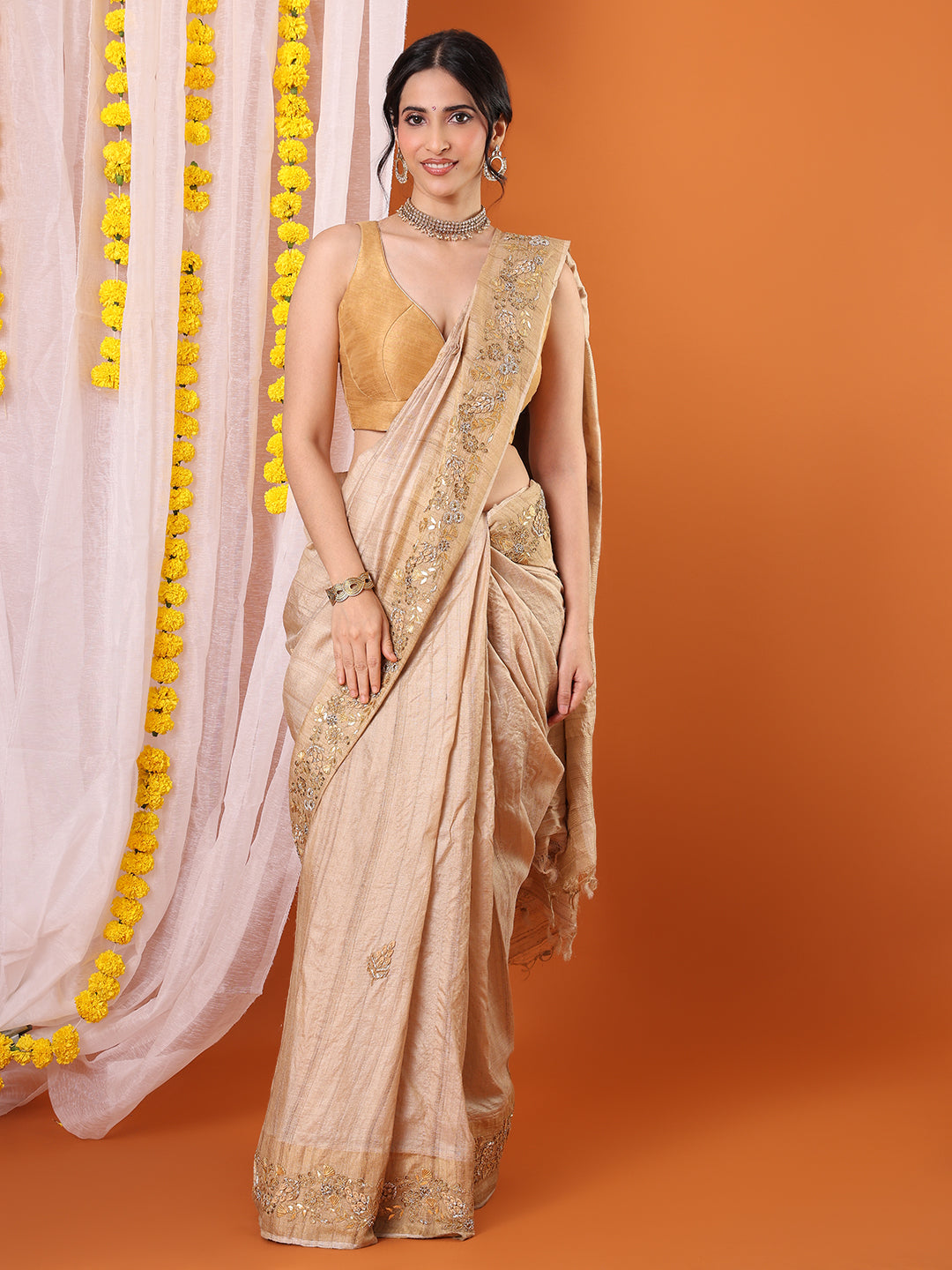 Beige Silk Embroidered Sweetheart Neck Padded Saree Blouse