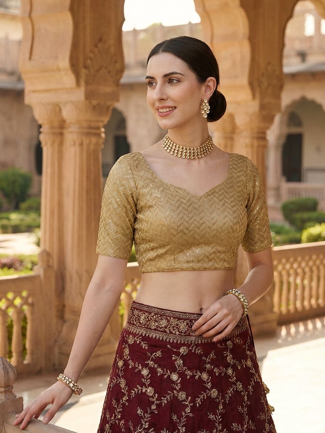 Gold Georgette Sweetheart Neck Readymade Blouse
