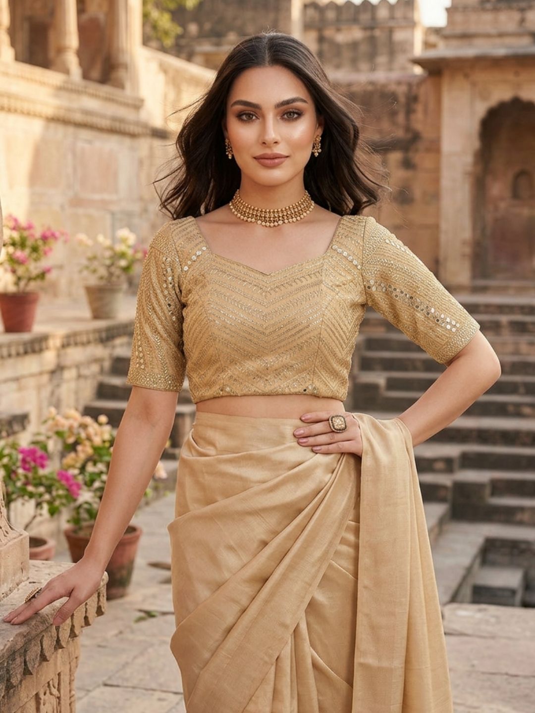 Gold Tissue Sweetheart Neck Saree Blouse