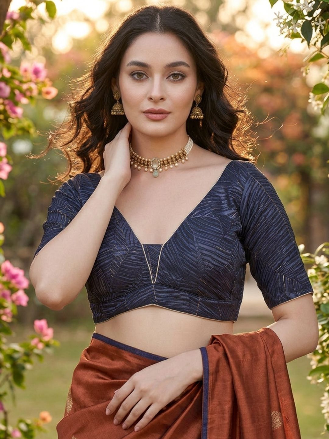 Navy Blue Satin V Neck Saree Blouse