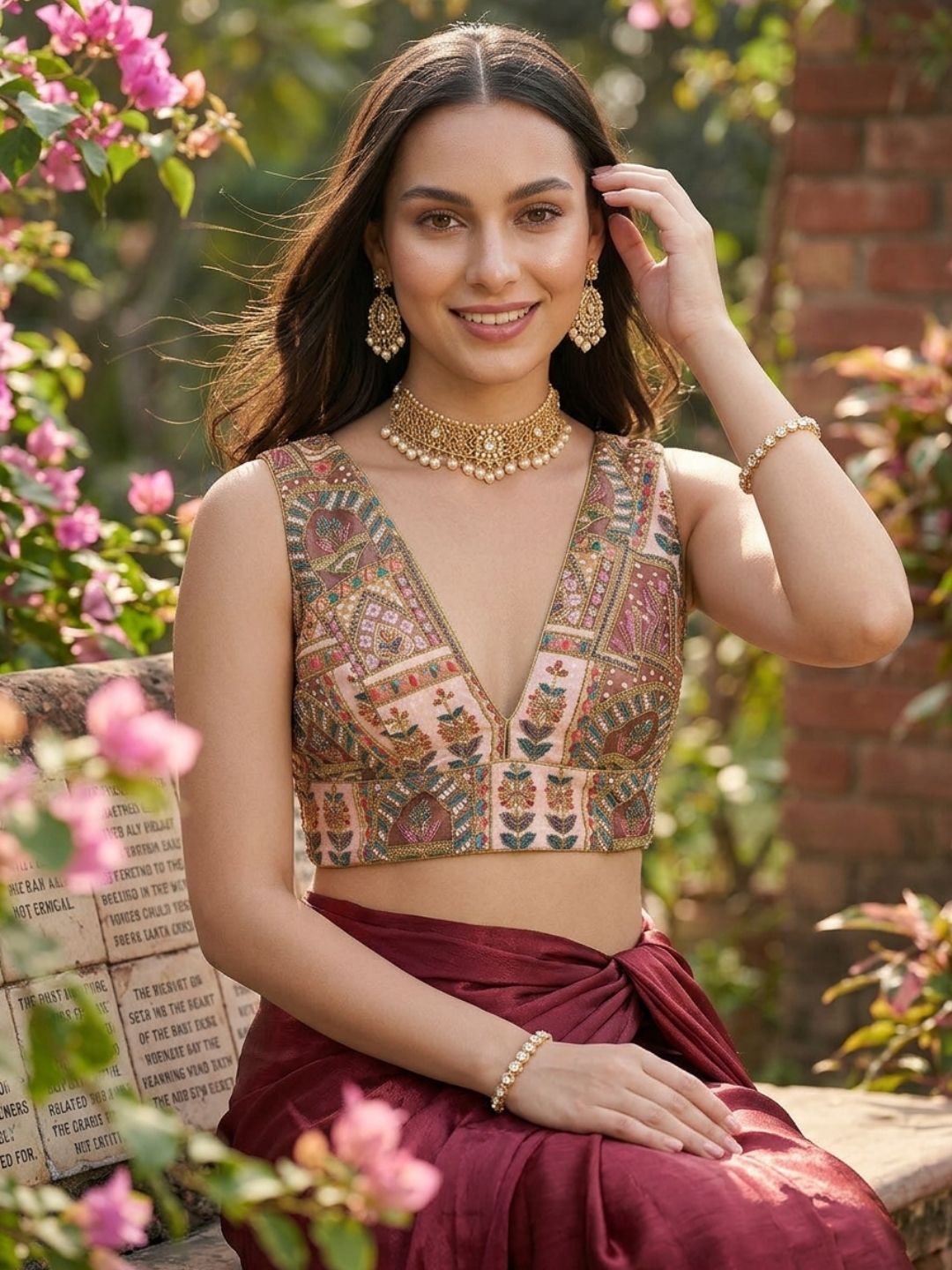 Brown Silk Embroidered V Neck Saree Blouse