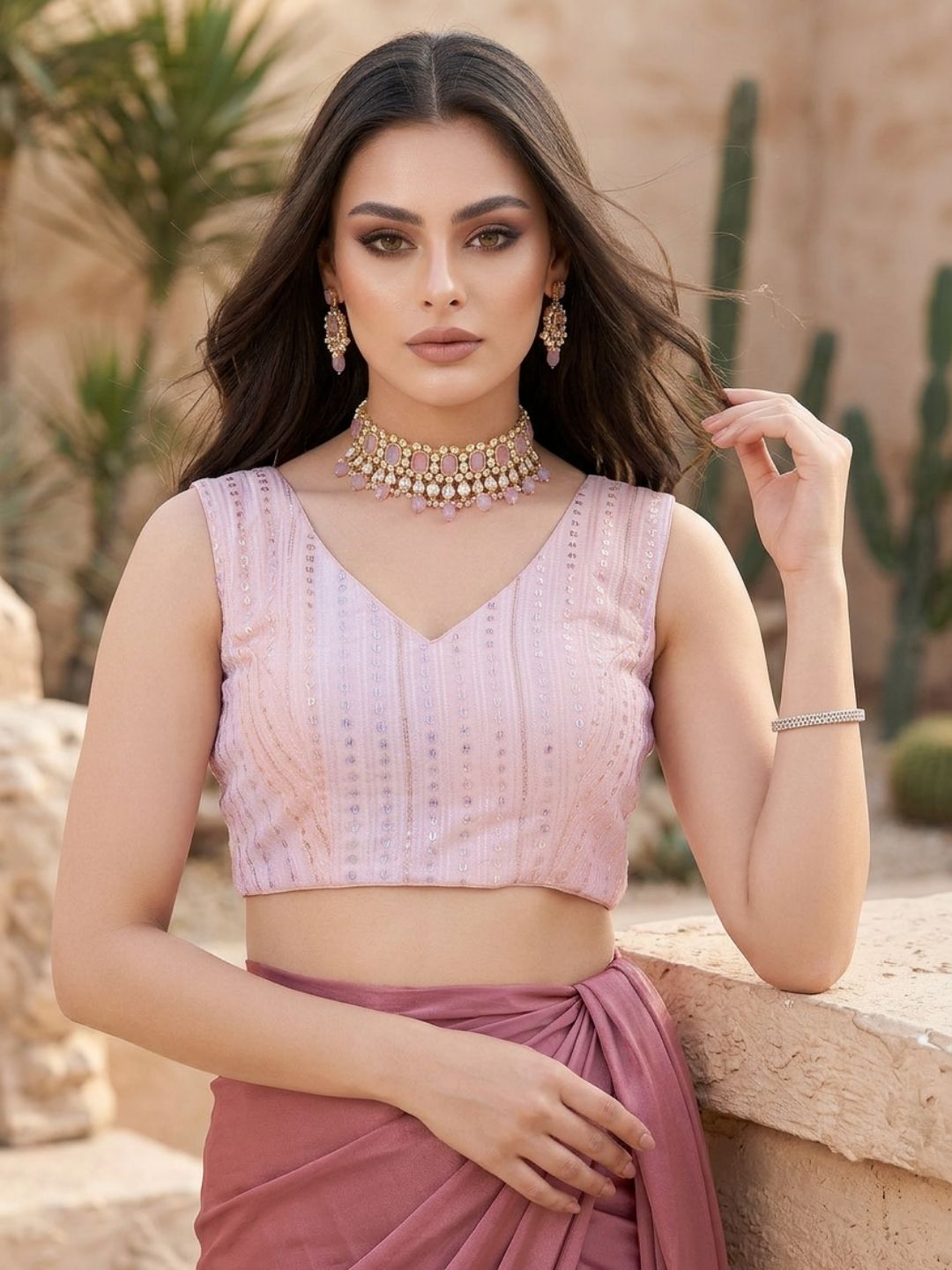 Pink Embroidered Sleeveless Saree Blouse