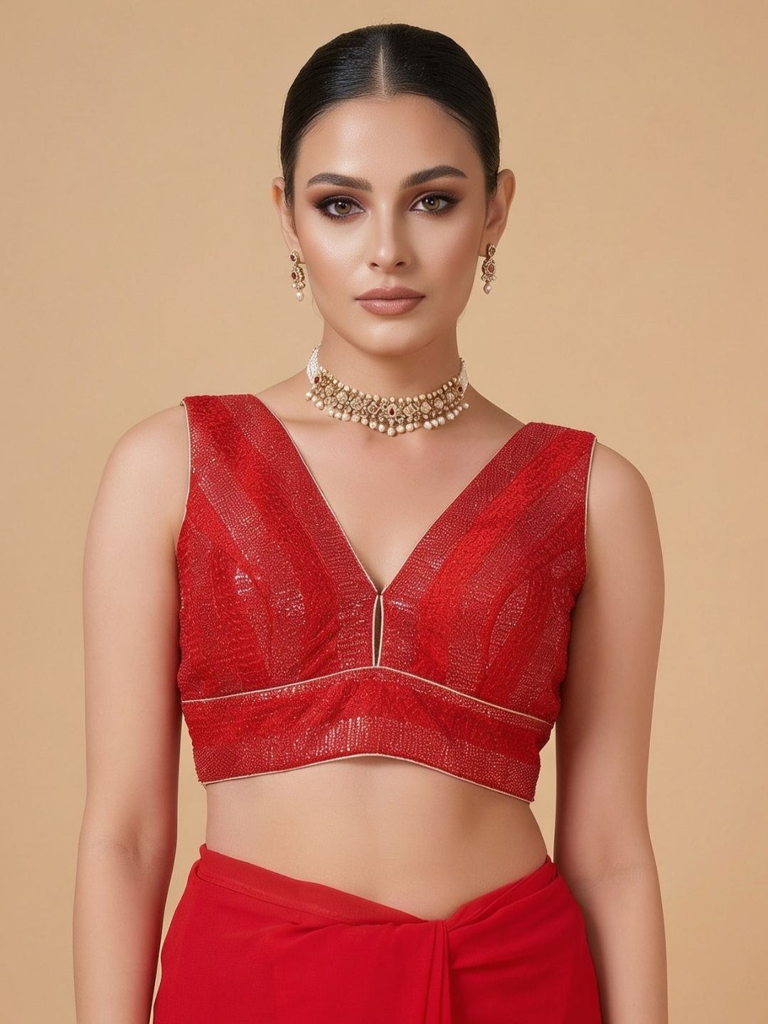 Red Silk Embroidered Sleeveless Saree Blouse
