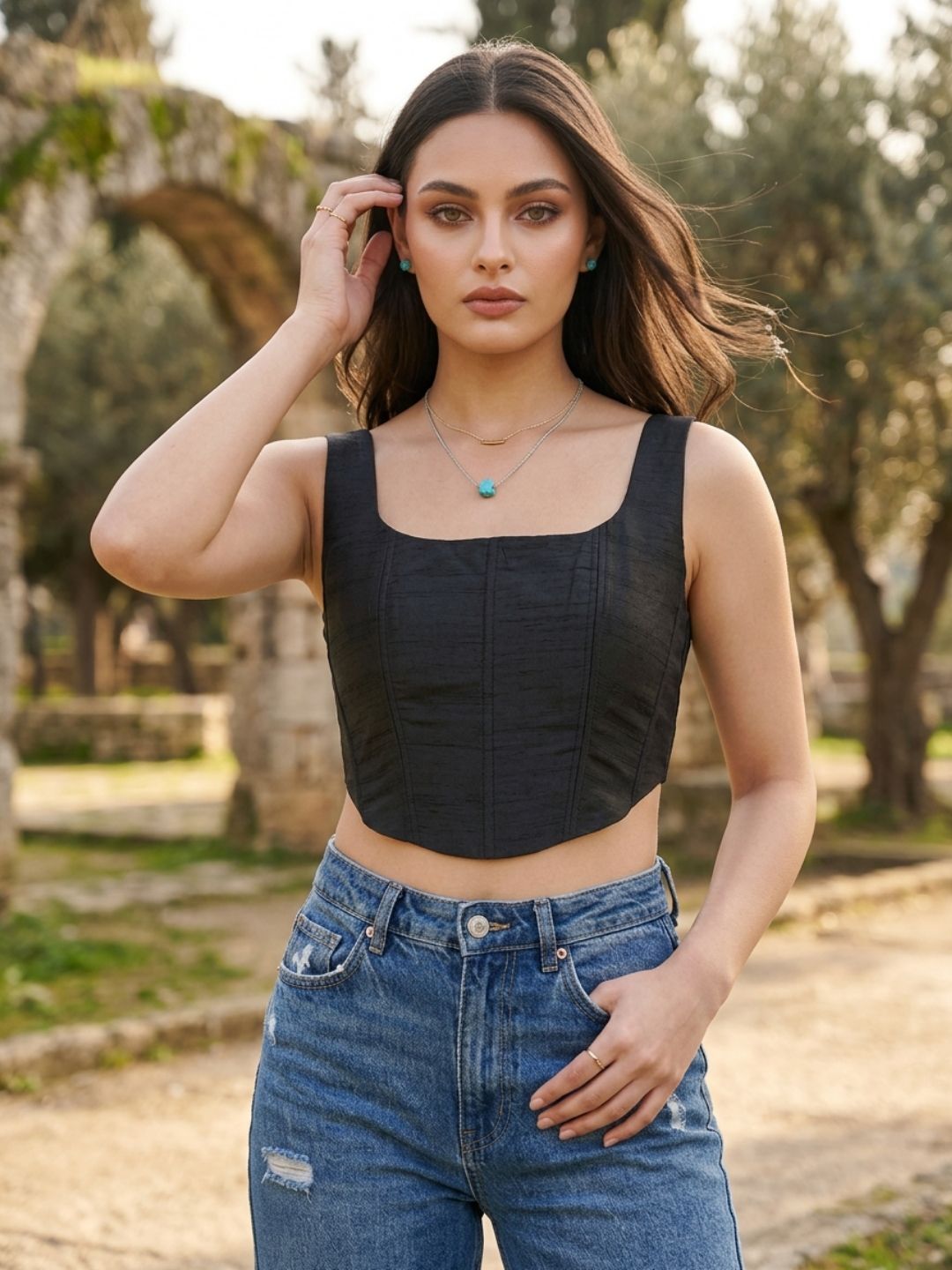 Black Silk Solid Padded Corset Saree Blouse