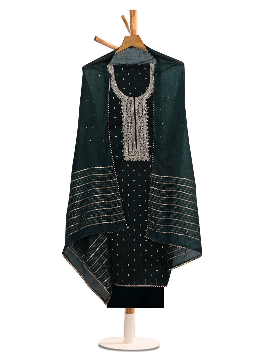 Chanderi Embroidered Green Unstitched Dress Material