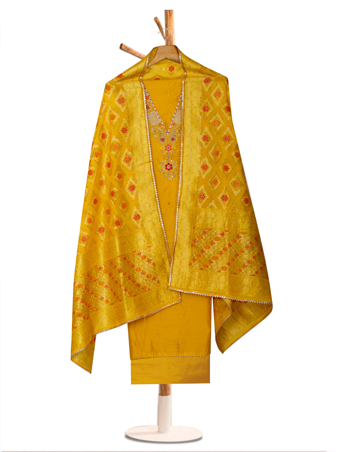 Silk Embroidered Yellow Unstitched Dress Material