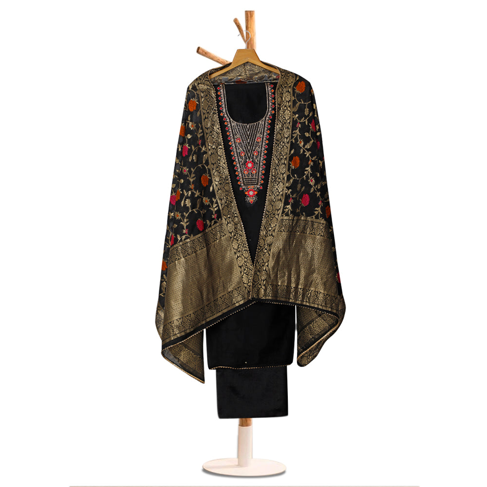 Silk Embroidered Black Unstitched Dress Material