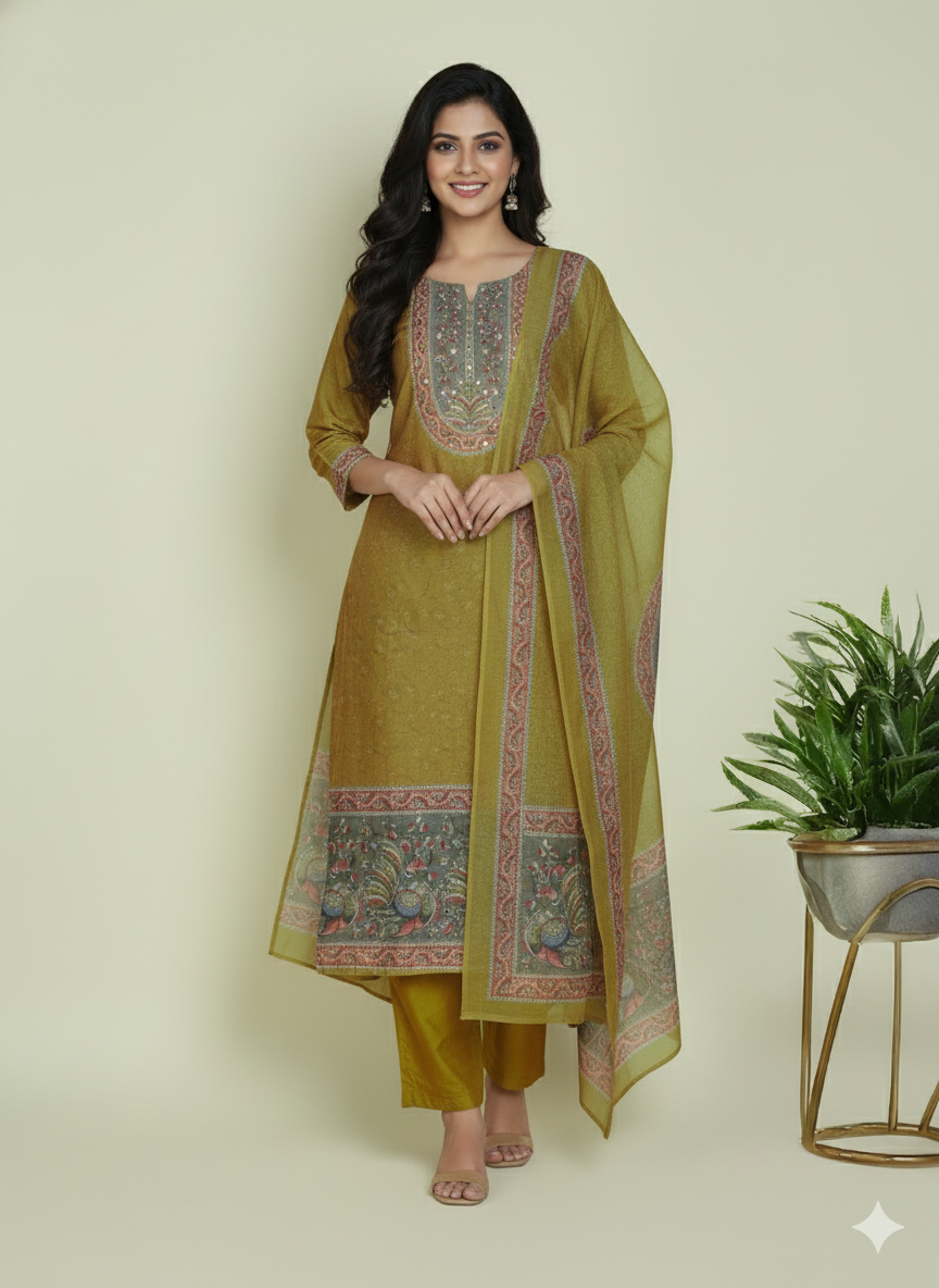 Mustard Chanderi Silk Embellished Unstitched Dress Material (3 Pc)