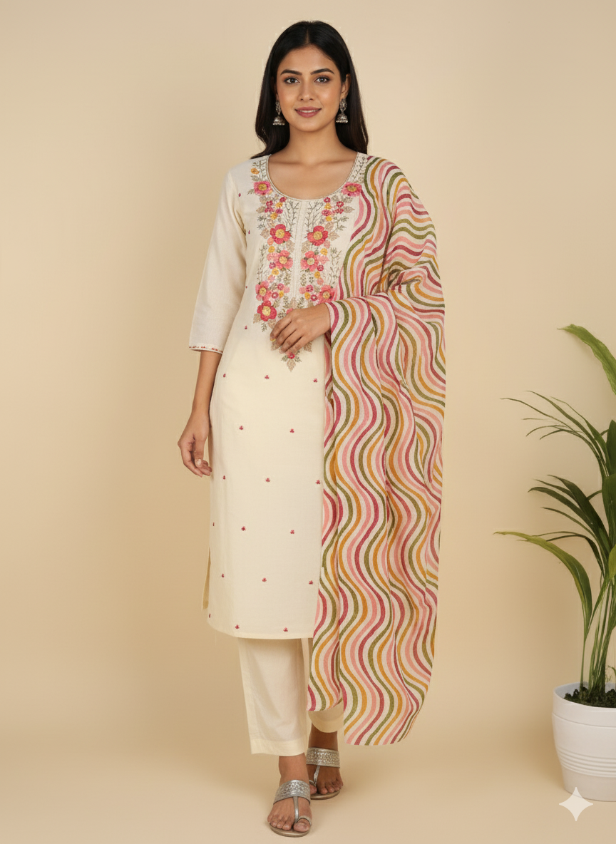 Cotton Embroidered Off White Unstitched Dress Material