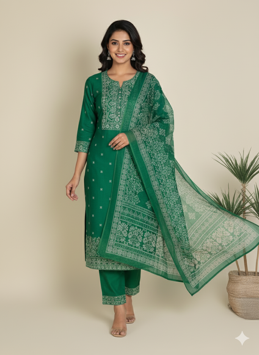 Sea Green Chanderi Silk Embellished Unstitched Dress Material (3 Pc)