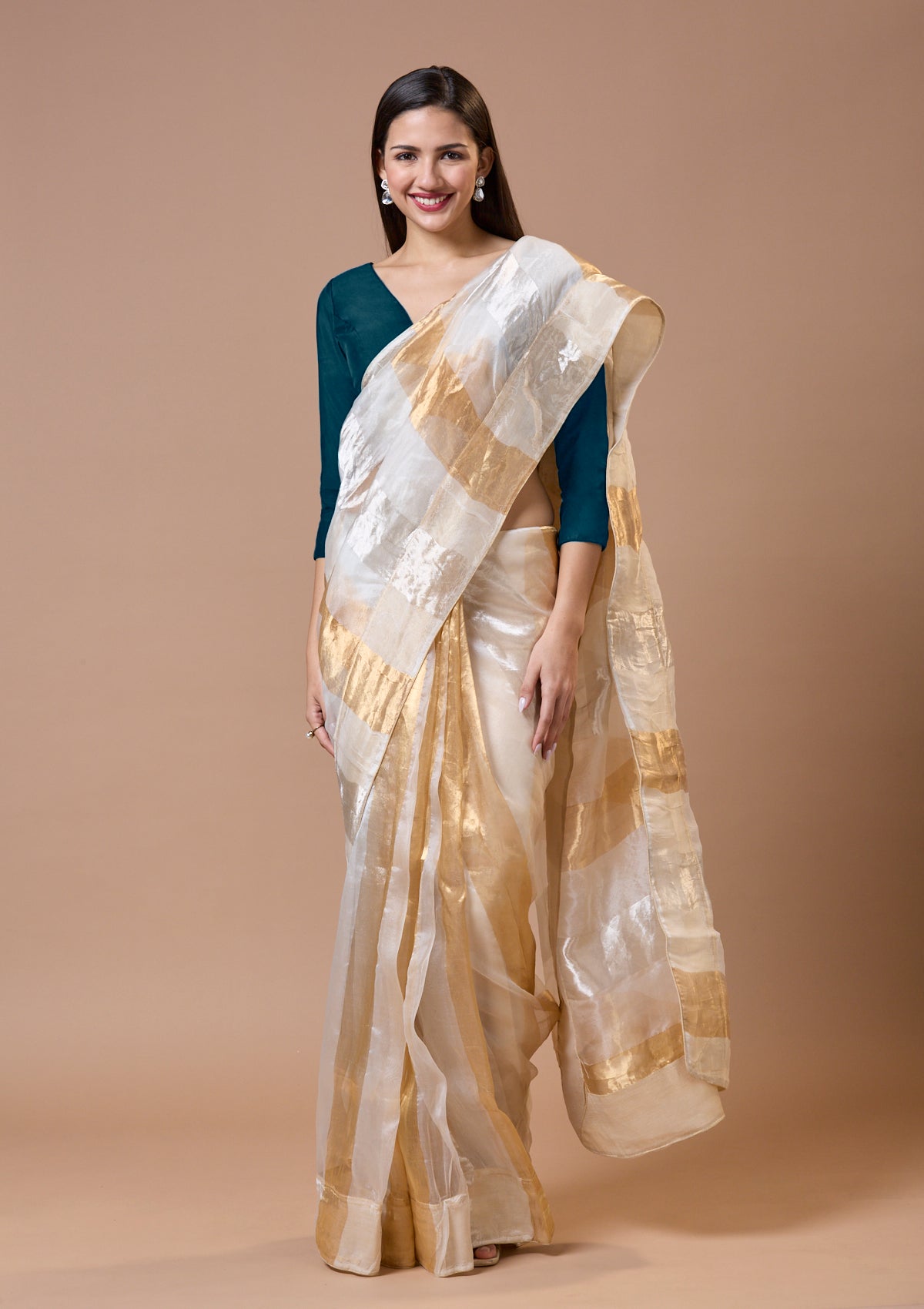 Blue Silk Plunging V Neck Readymade Blouse