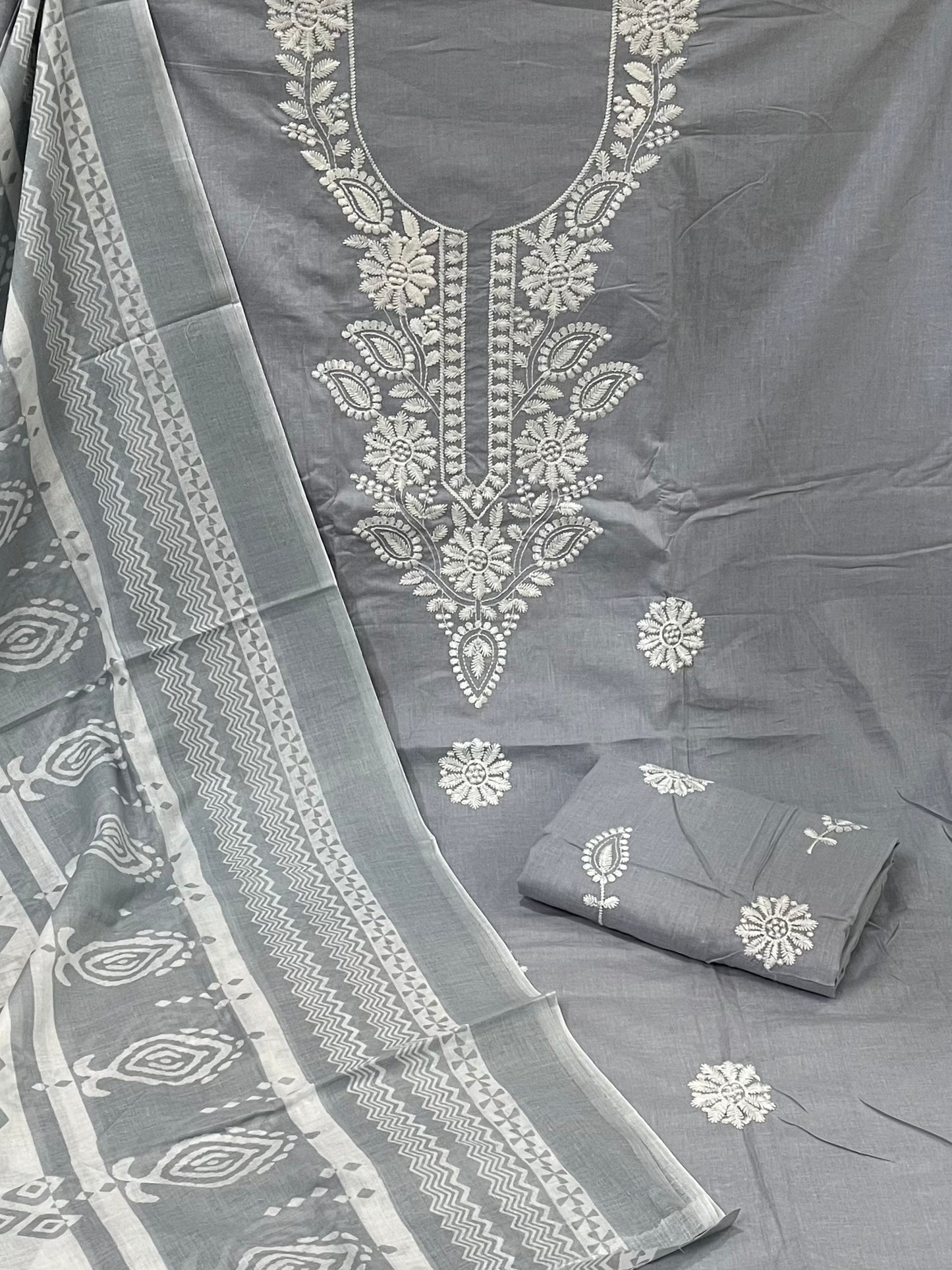 Cotton Embroidered Grey Unstitched Salwar Dress Material With Dupatta