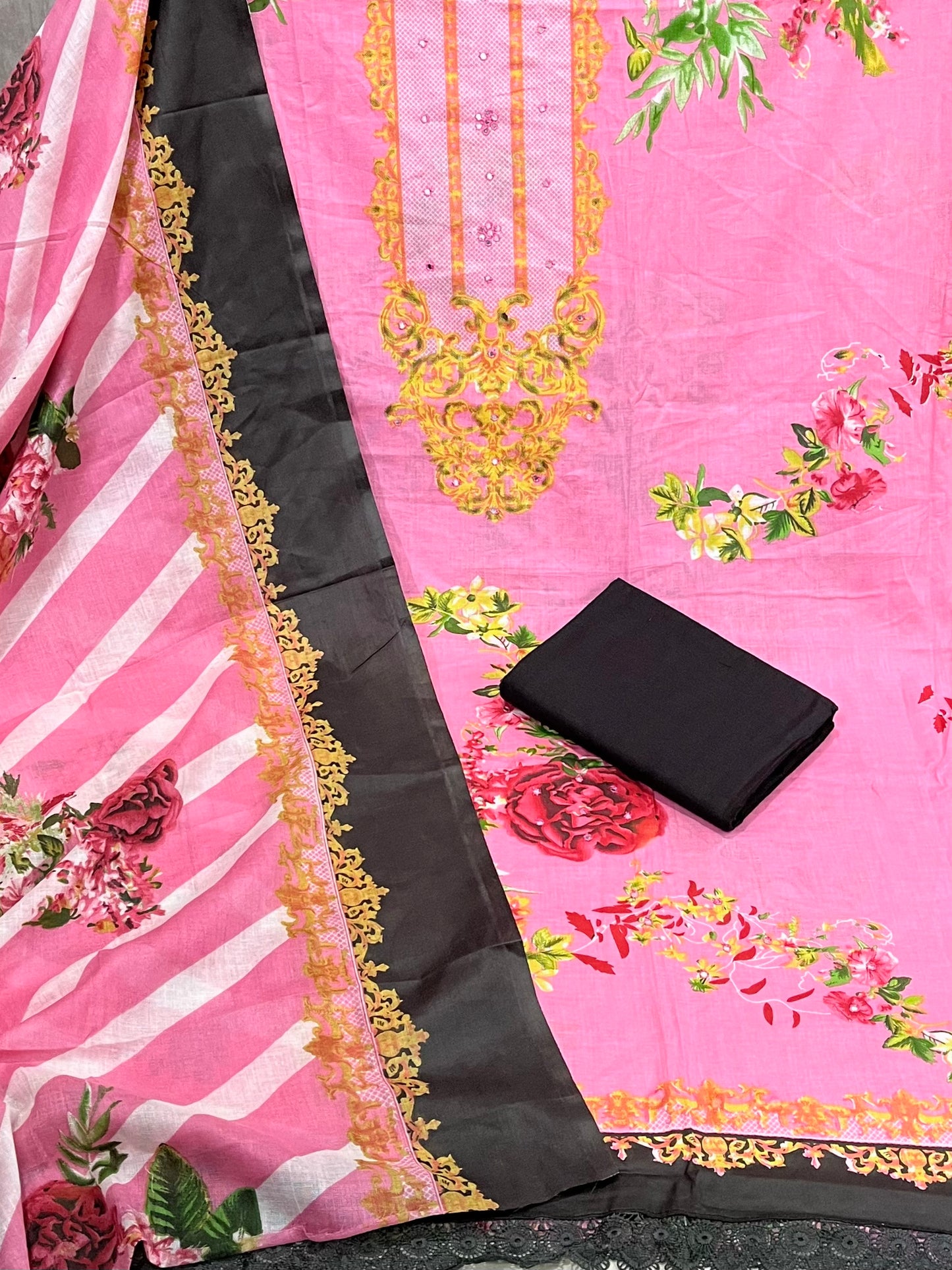 Cotton Printed Pink & Black Unstitched Dress Material With Dupatta
