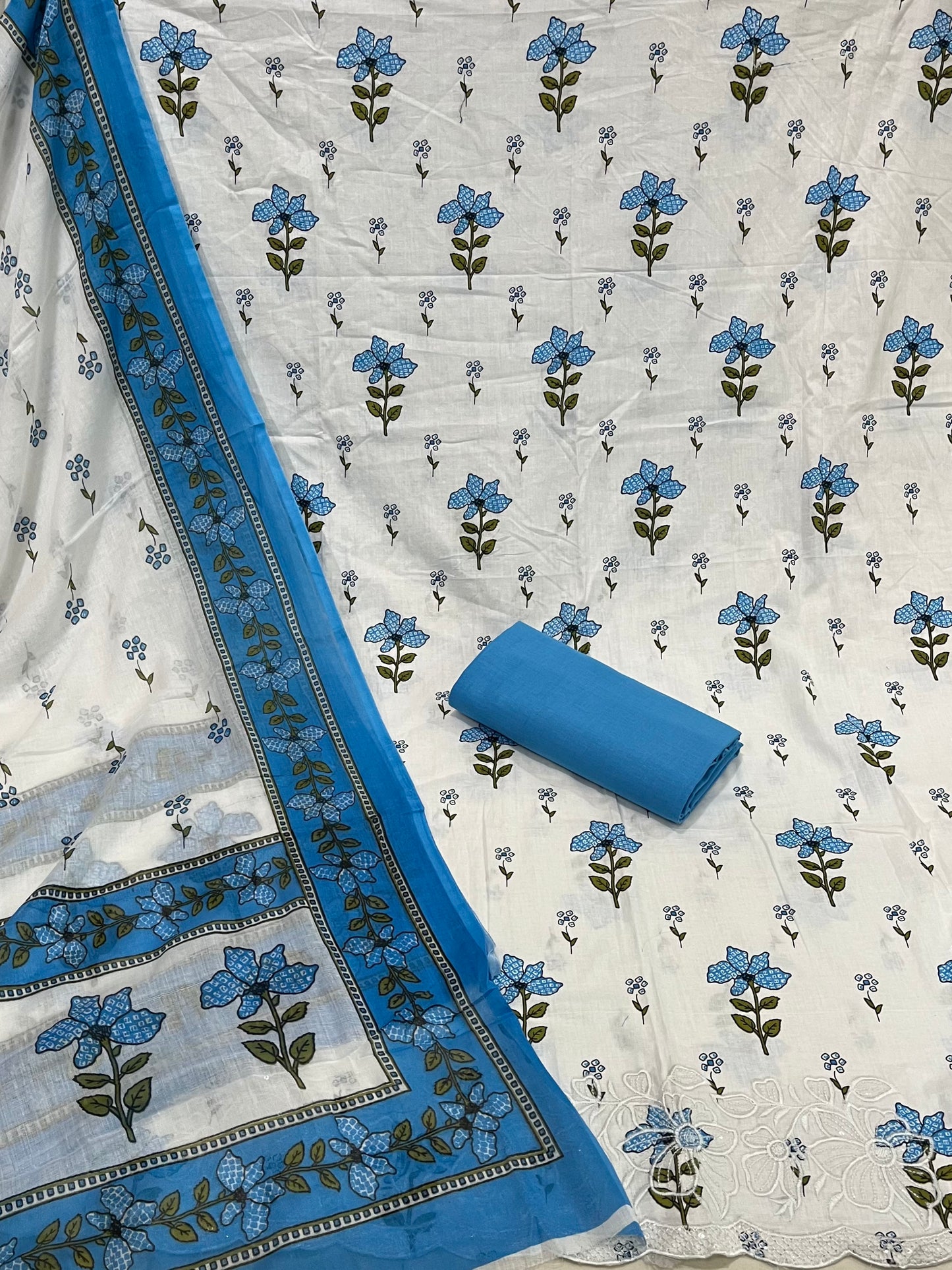 Cotton Printed White & Blue Unstitched Dress Material With Dupatta