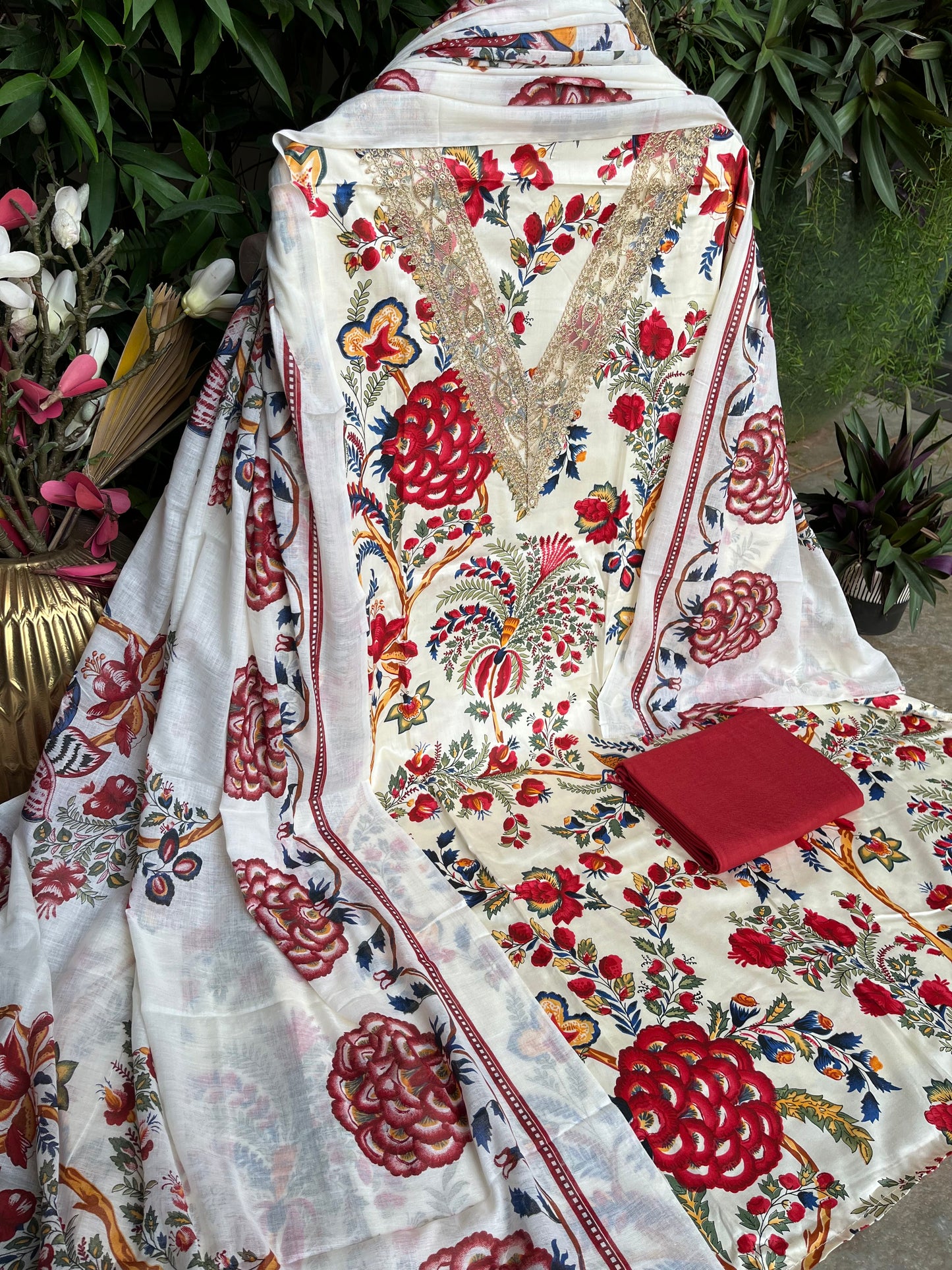 White & Red Cotton Printed Unstitched Dress Material