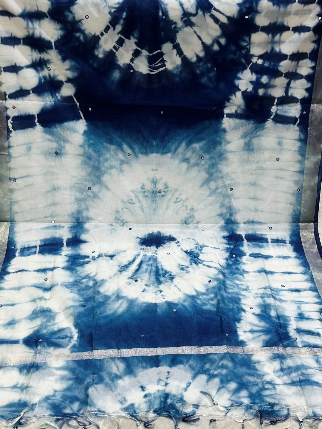 Blue Cotton Silk Tie and Dye Dupatta With Zari Border