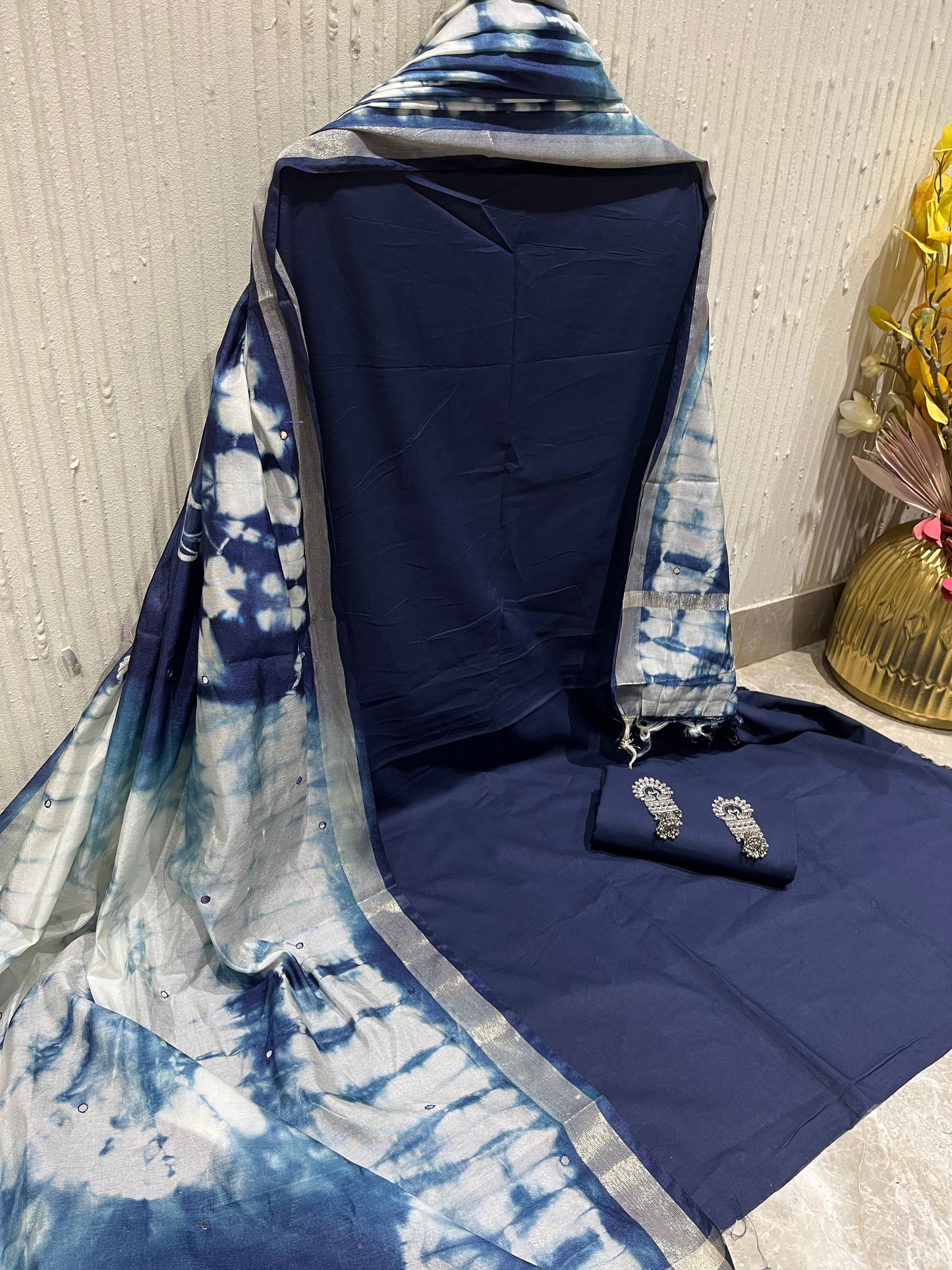 Blue Solid Pure Cotton Unstitched Dress Material (with printed Dupatta)