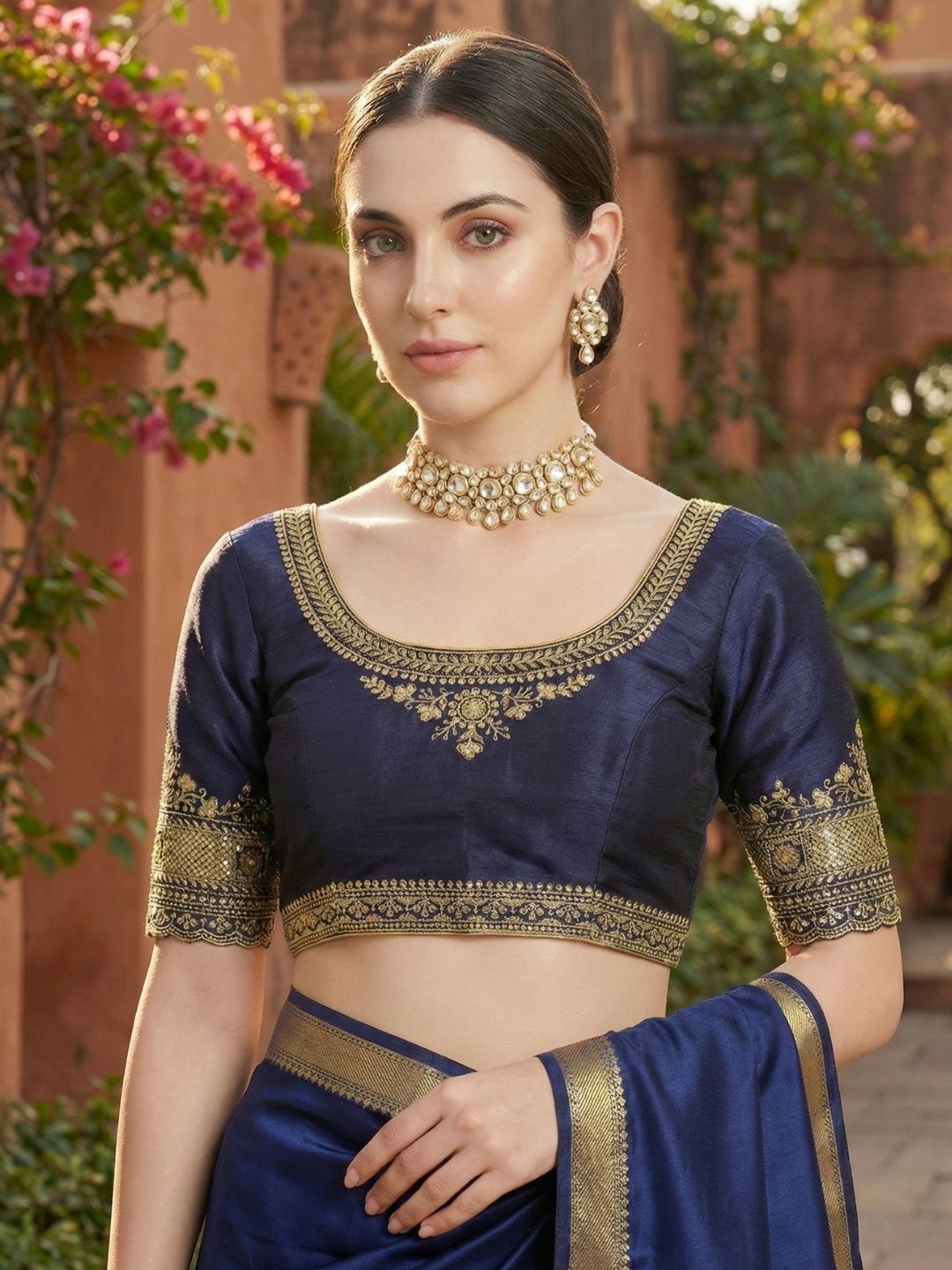 Navy Blue Silk Round Neck Readymade Blouse