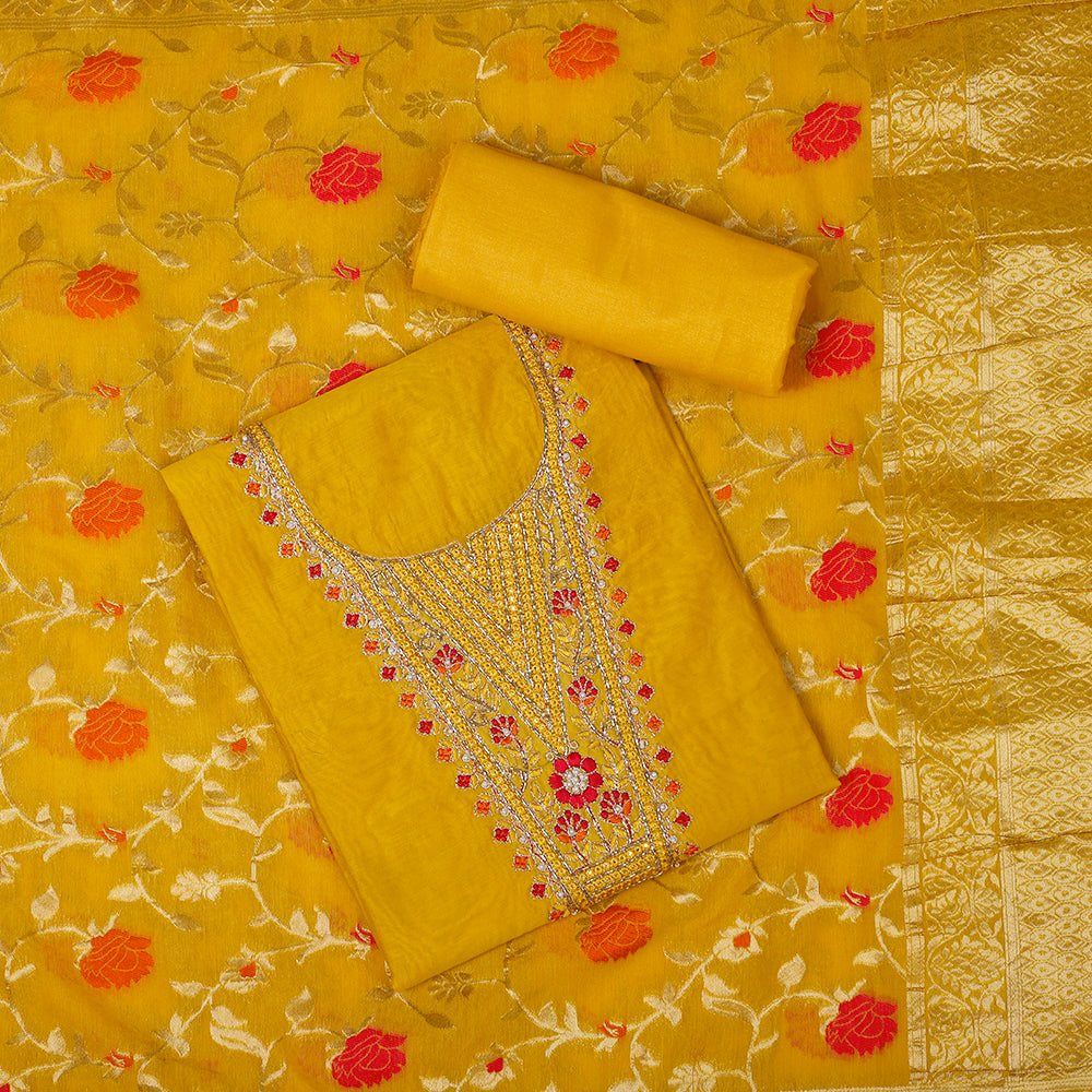 Silk Embroidered Yellow Unstitched Dress Material
