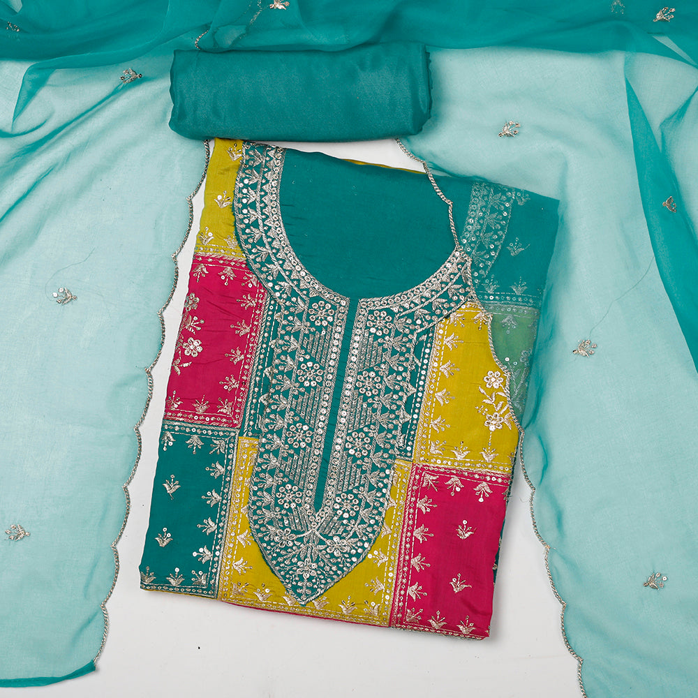 Silk Embroidered Multicolor Unstitched Dress Material
