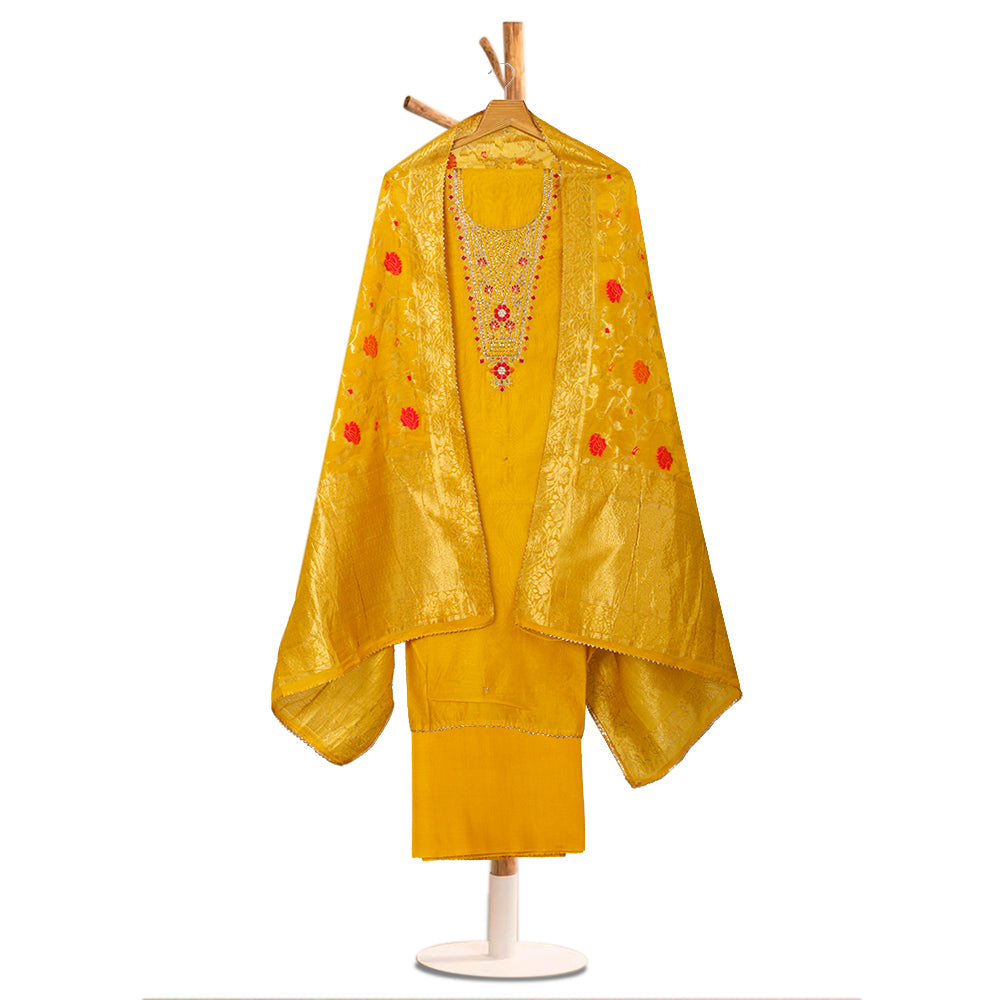 Silk Embroidered Yellow Unstitched Dress Material