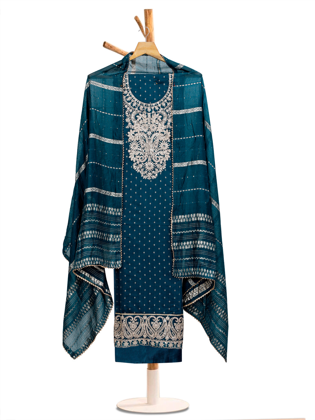 Chanderi Embroidered Blue Unstitched Dress Material
