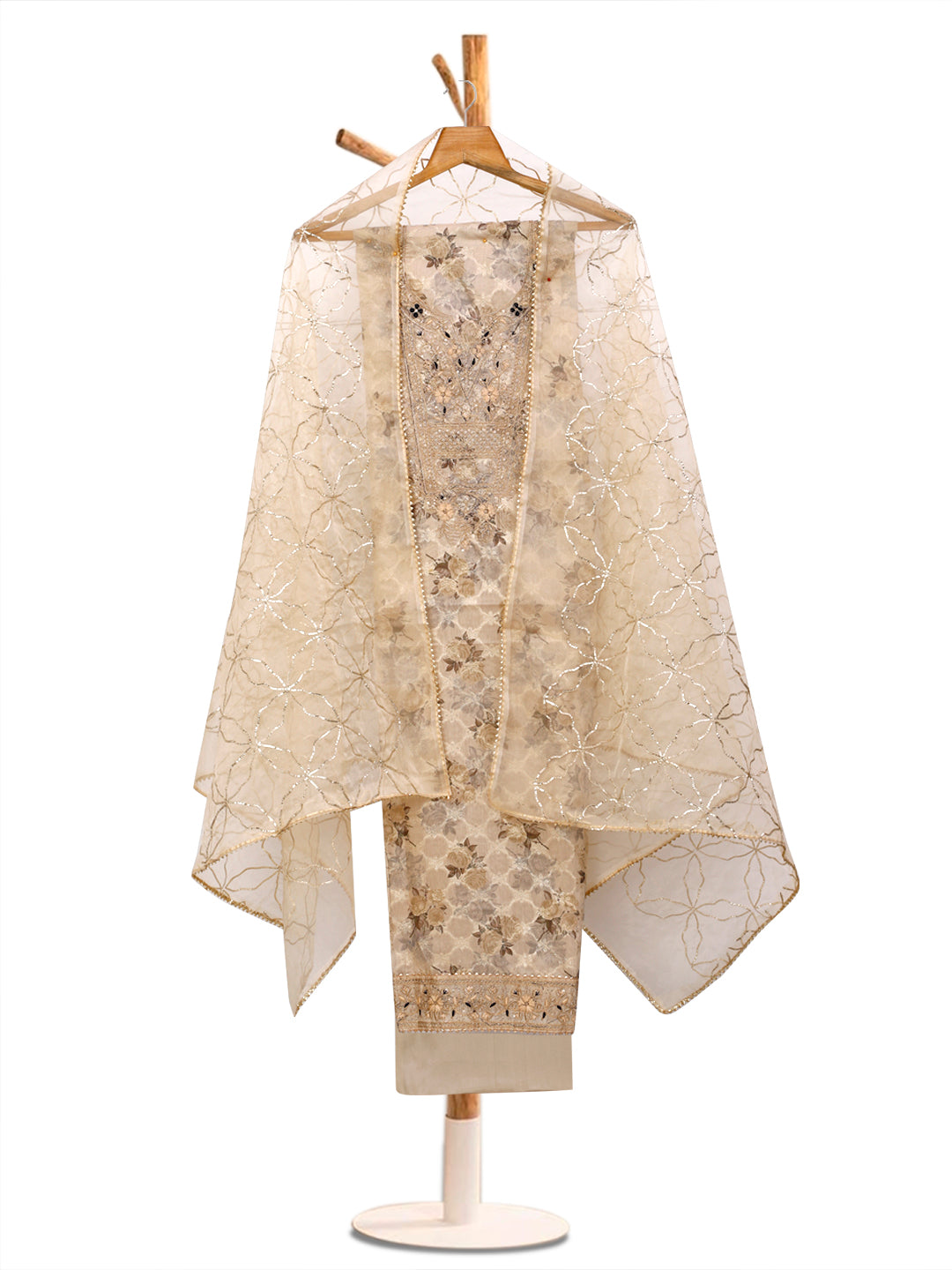Chanderi Embroidered Beige Unstitched Dress Material