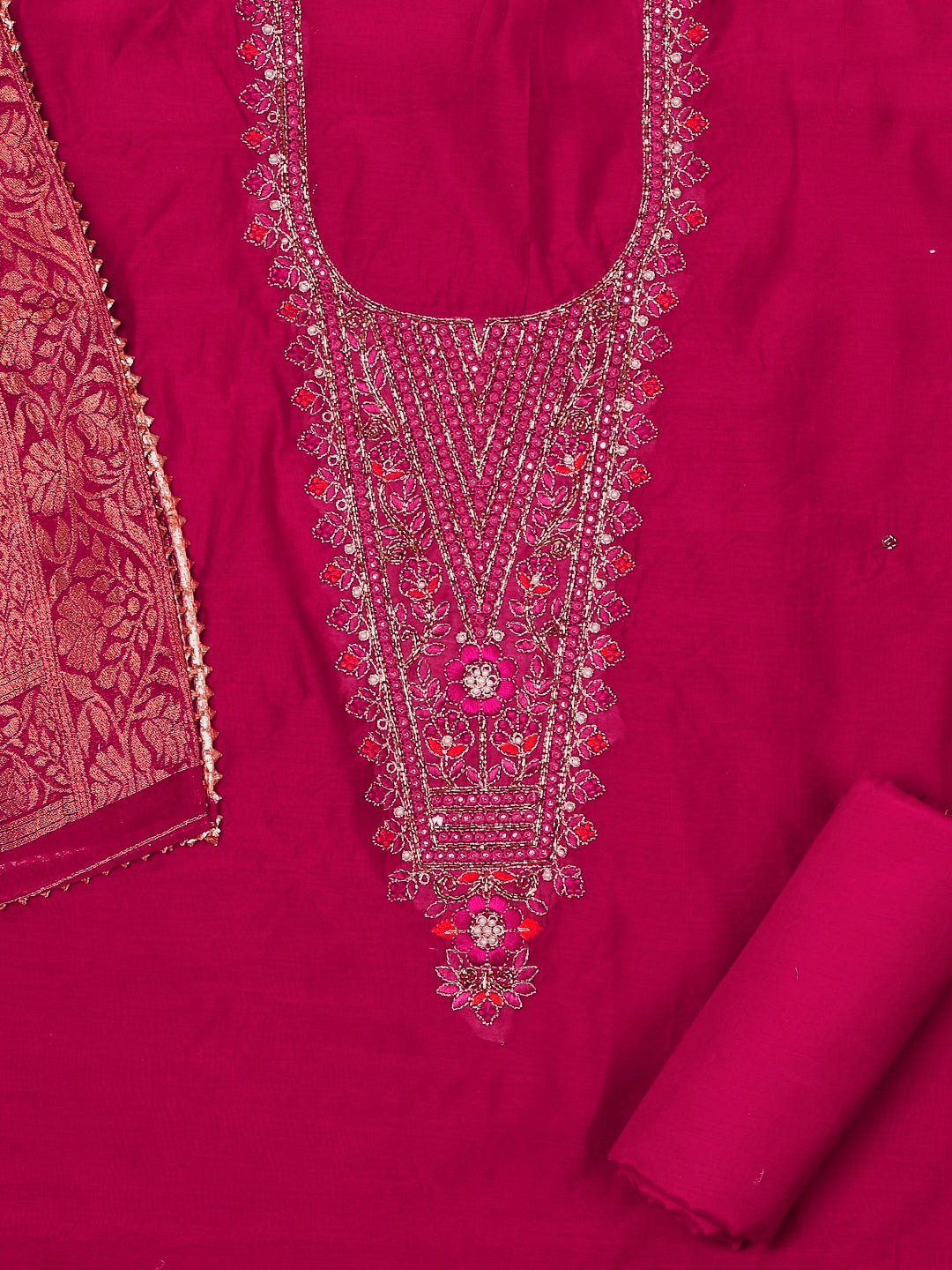 Silk Embroidered Pink Unstitched Dress Material