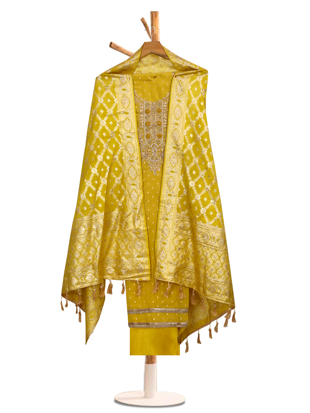 Chanderi Embroidered Yellow Unstitched Dress Material