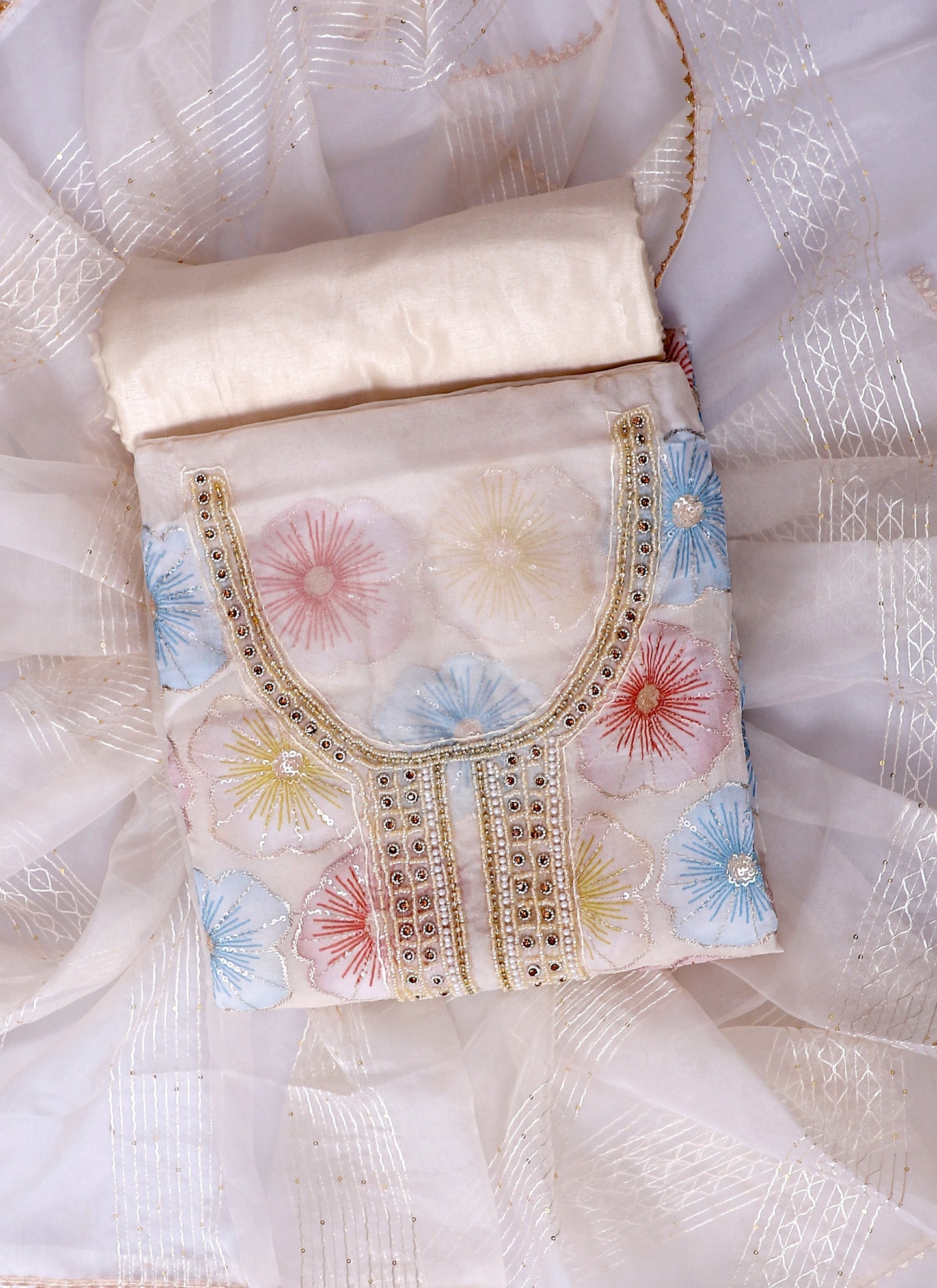 Organza Embroidered White Unstitched Dress Material With Dupatta Salwar Studio Organza Embroidered White Unstitched Dress Material With Dupatta Salwar Studio