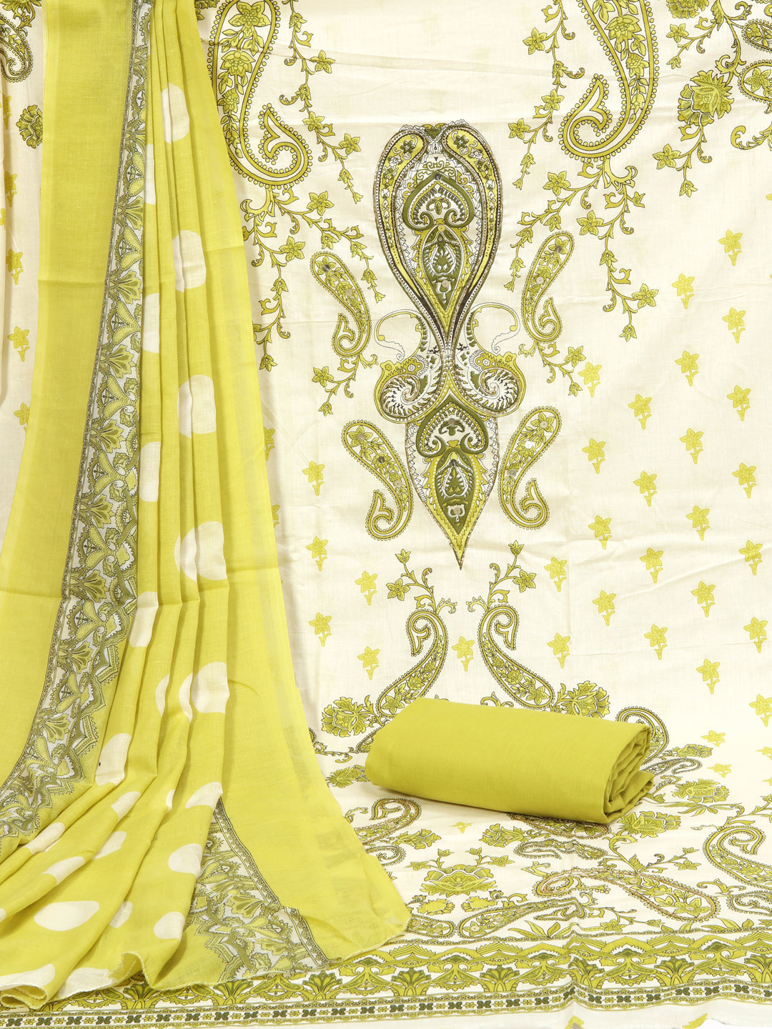 Cotton Printed Embellished Cream-Green Unstitched Dress Material