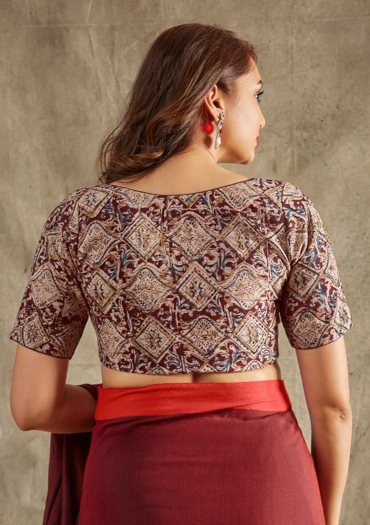 Beige & Red Cotton V Neck Readymade Blouse