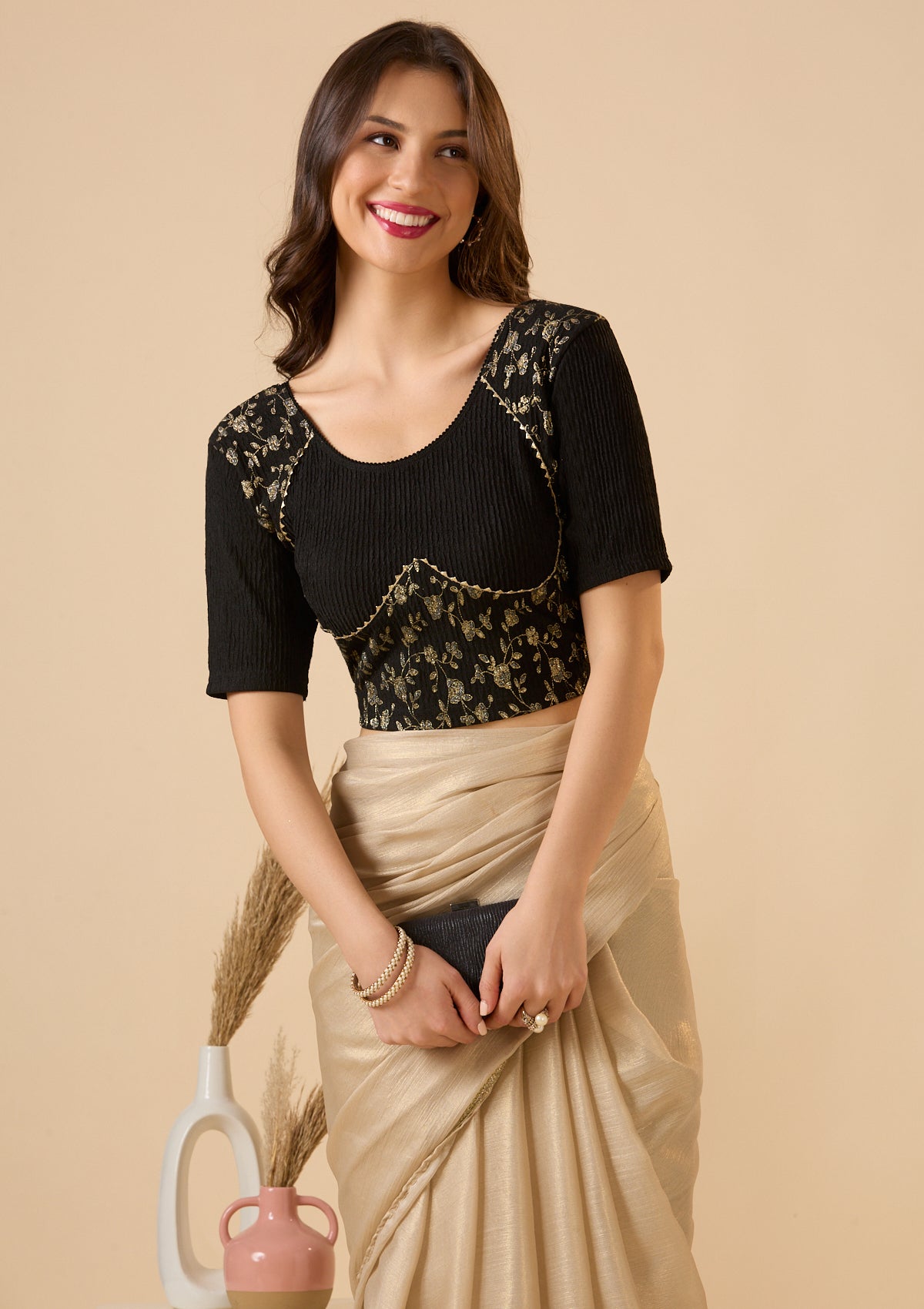 Black Lycra Stretchable Readymade Blouse With Foil Print