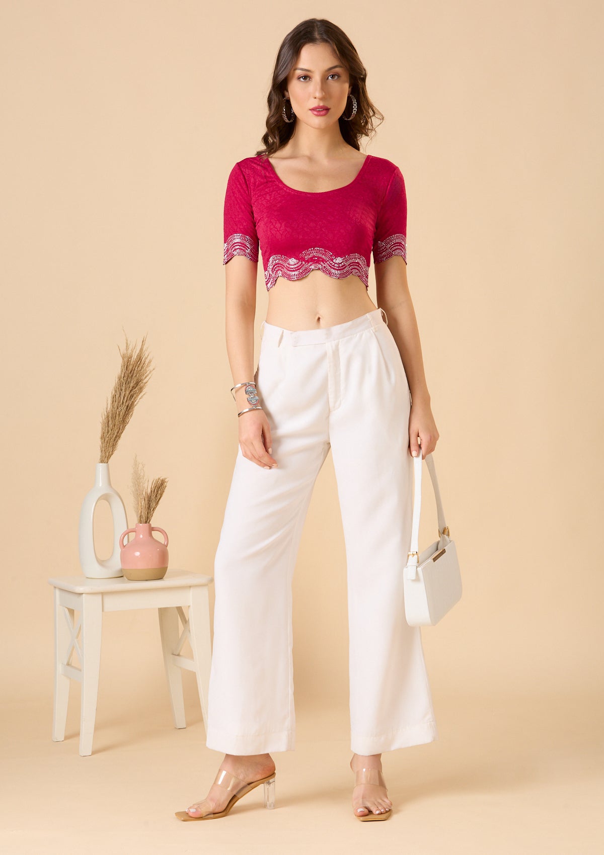 Pink Lycra Stretchable Readymade Blouse With Embellishment