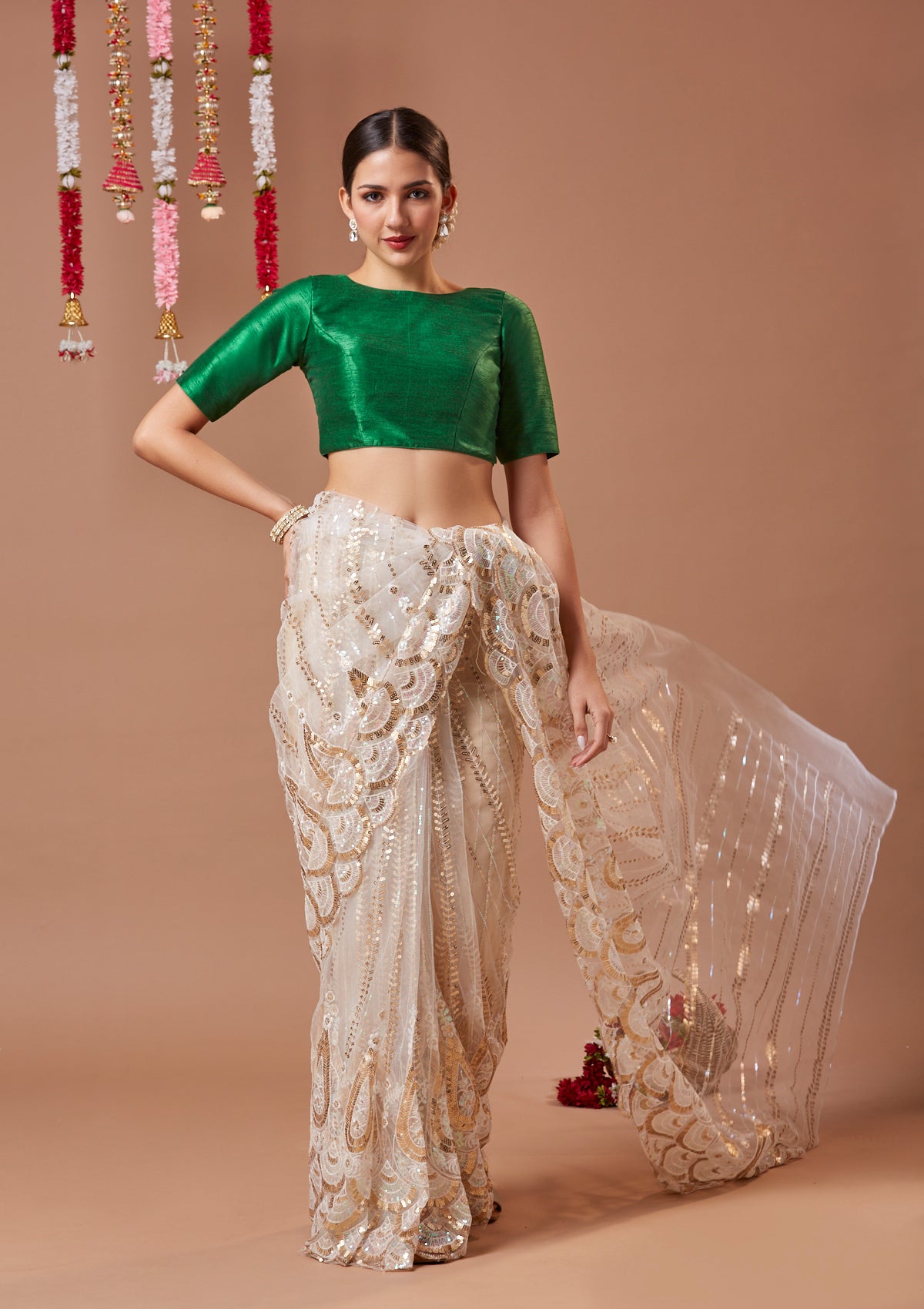 Green Silk Close Neck Readymade Blouse