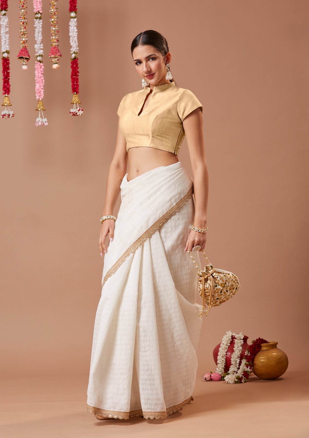 Beige Silk Collared Neck Readymade Blouse