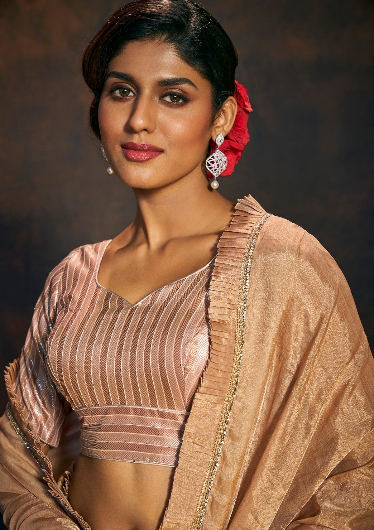 Gold & Beige Brocade Sweetheart Neck Readymade Blouse