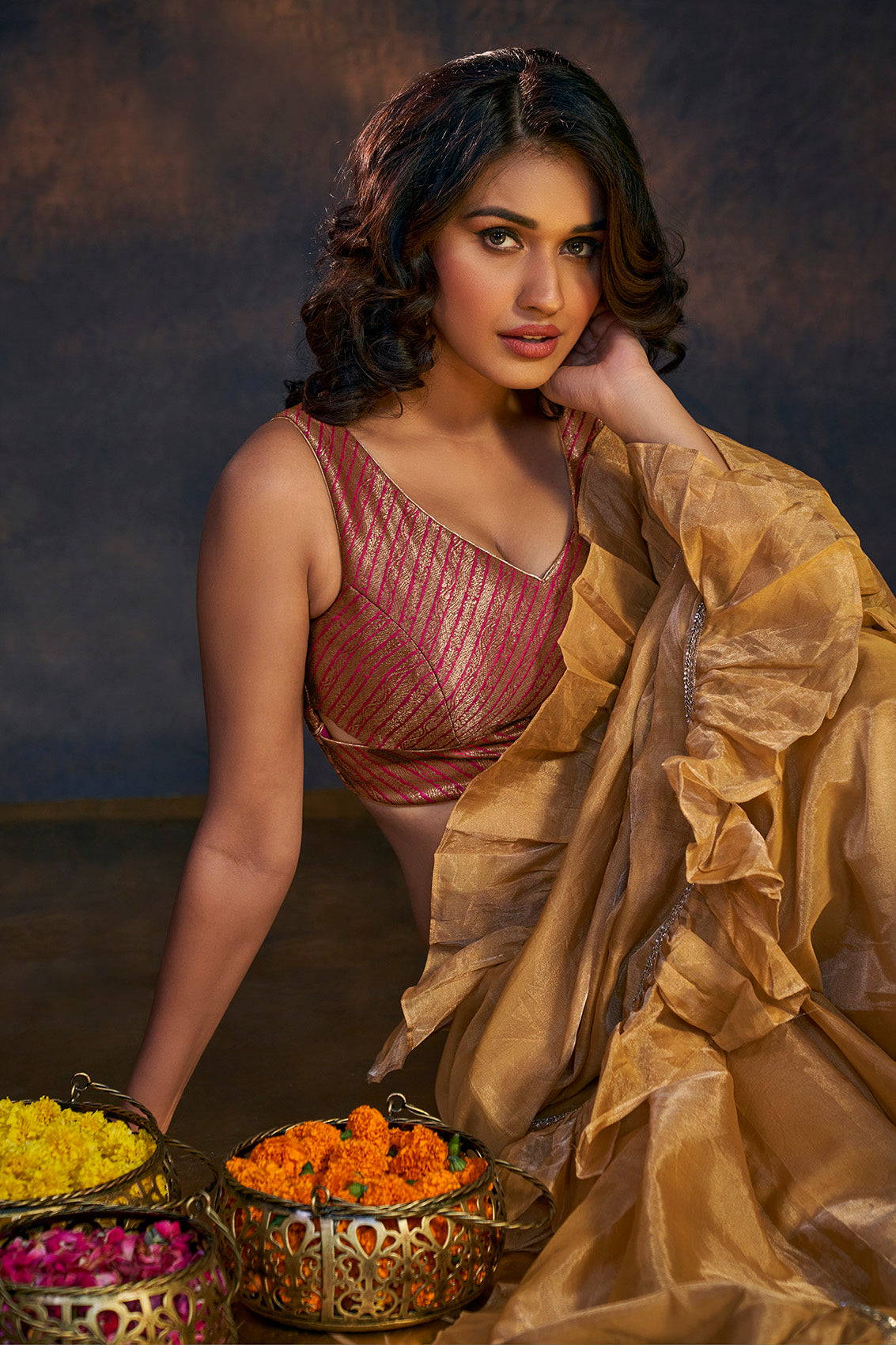 Pink Brocade Sleeveless Readymade Blouse