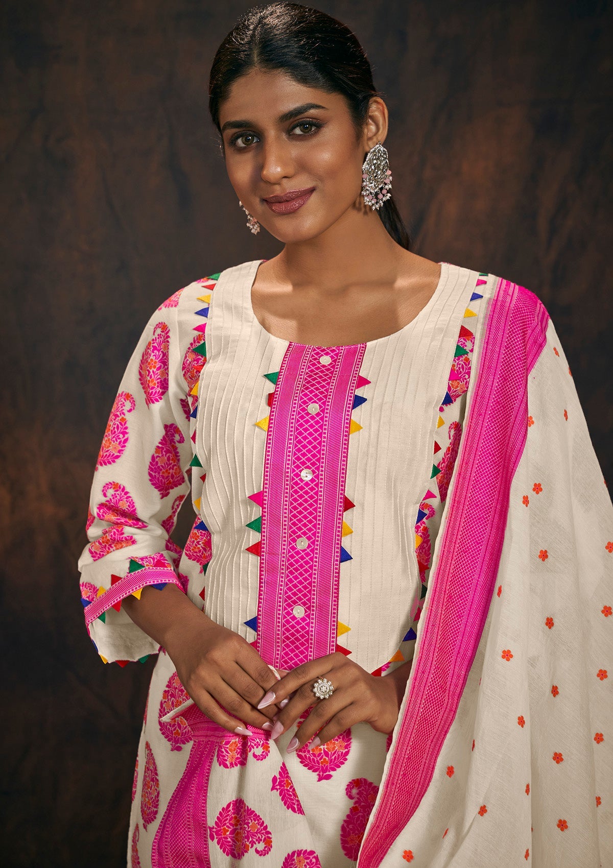 Off White Pink Banarasi Chanderi Cotton Kurta & Dupatta