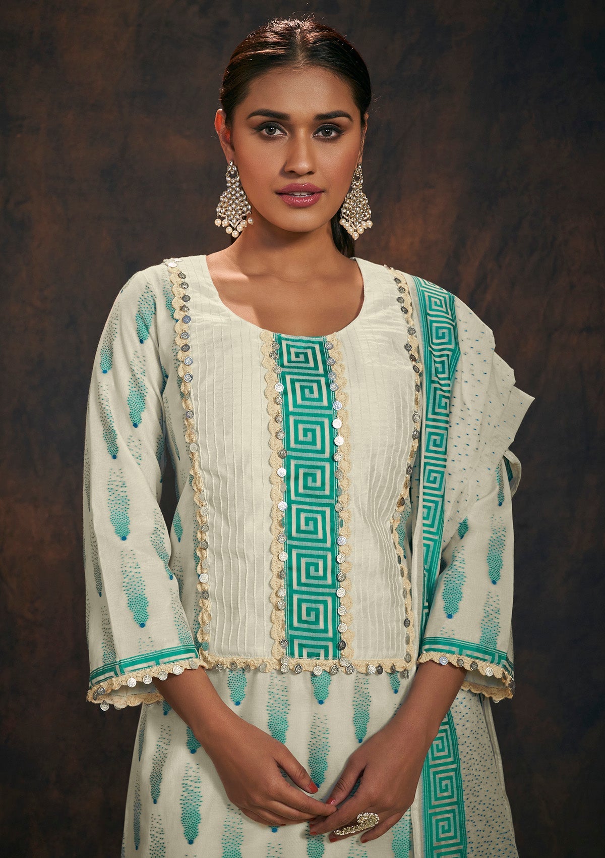 Cream & Turquoise Banarasi Chanderi Silk Kurta & Dupatta