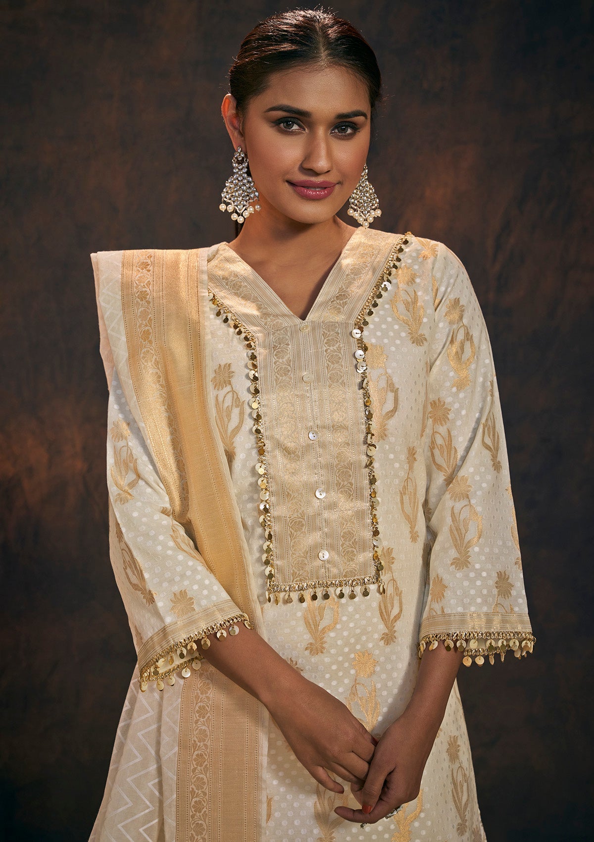 Gold and Cream Banarasi Chanderi Silk Kurta & Dupatta