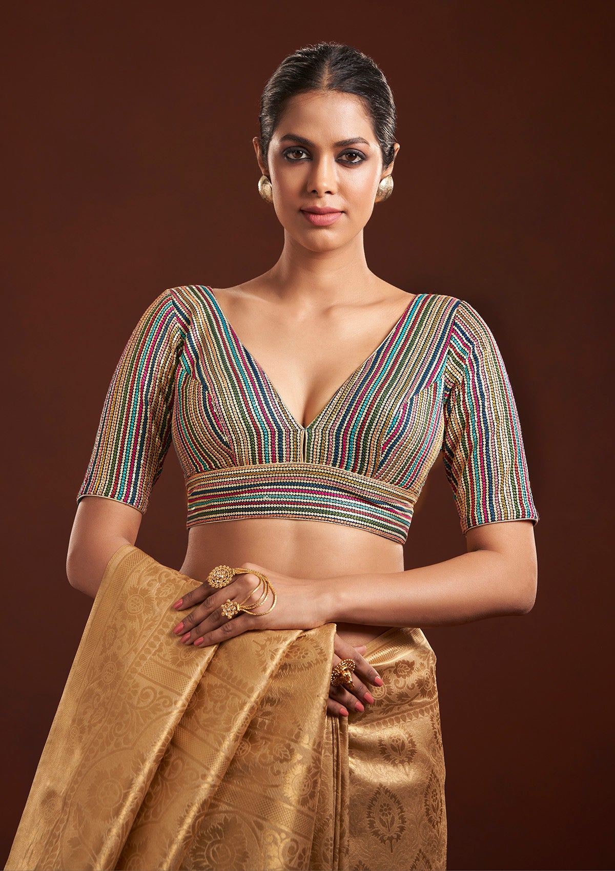 V Neck Designer Blouse Multicolor Georgette Plunging V Neck