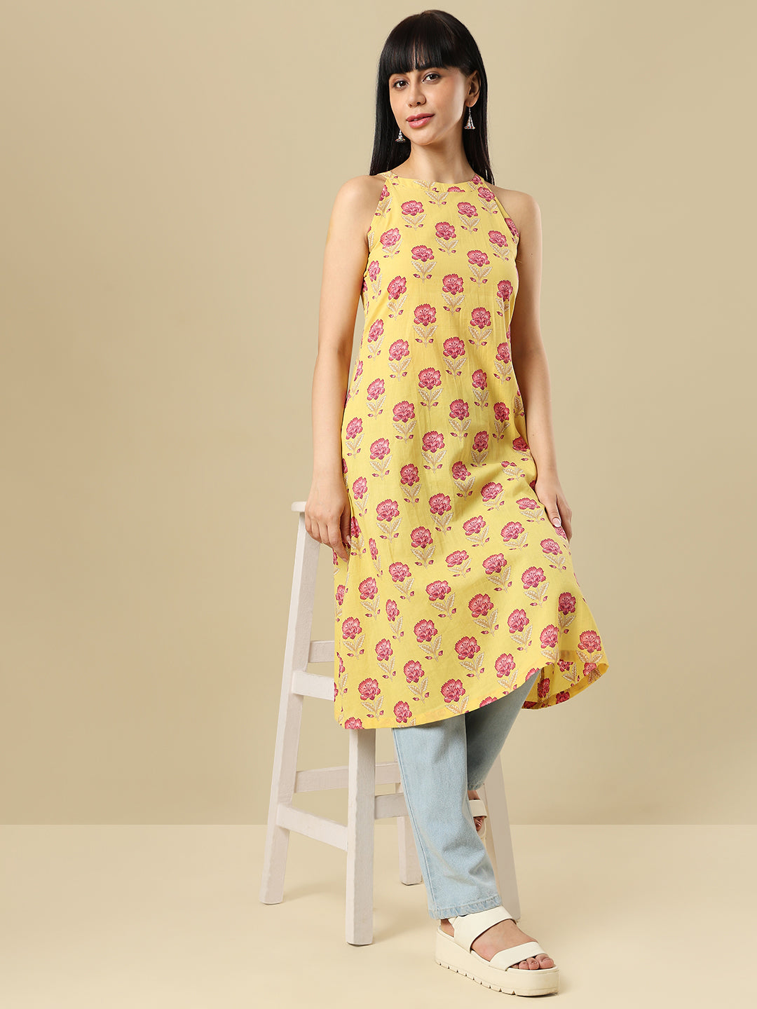 Yellow Pure Cotton Hand Block Printed Halter Neck Kurti