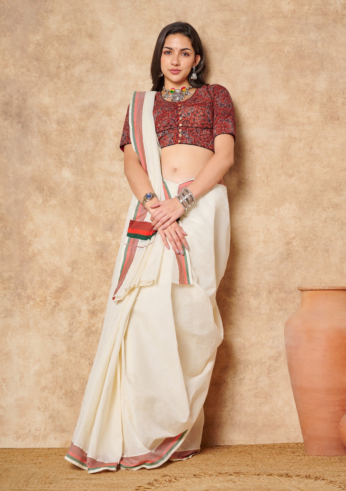 Maroon Hand Block Printed Ajrakh Pure Cotton Round Neck Readymade Blouse