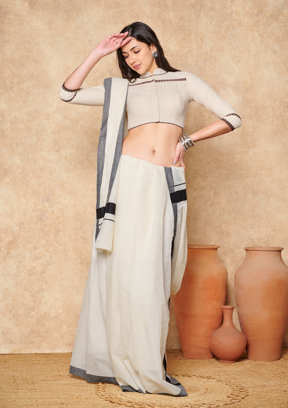 Cream Pure Cotton Collared Neck Readymade Blouse