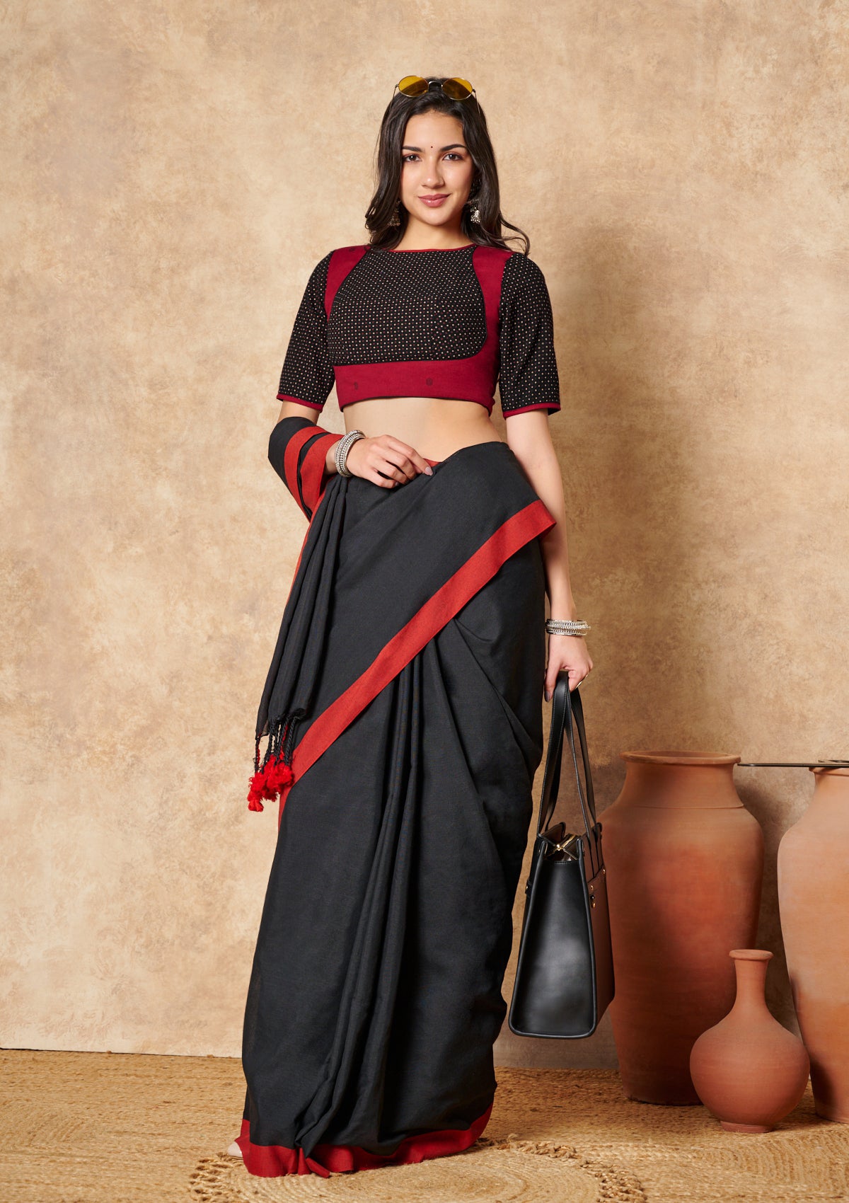 Black & Red Pure Cotton Round Neck Readymade Blouse