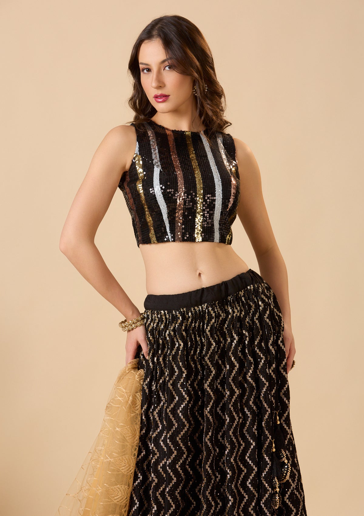 Black Net Boat neck Sleeveless Readymade Blouse with Embellishment