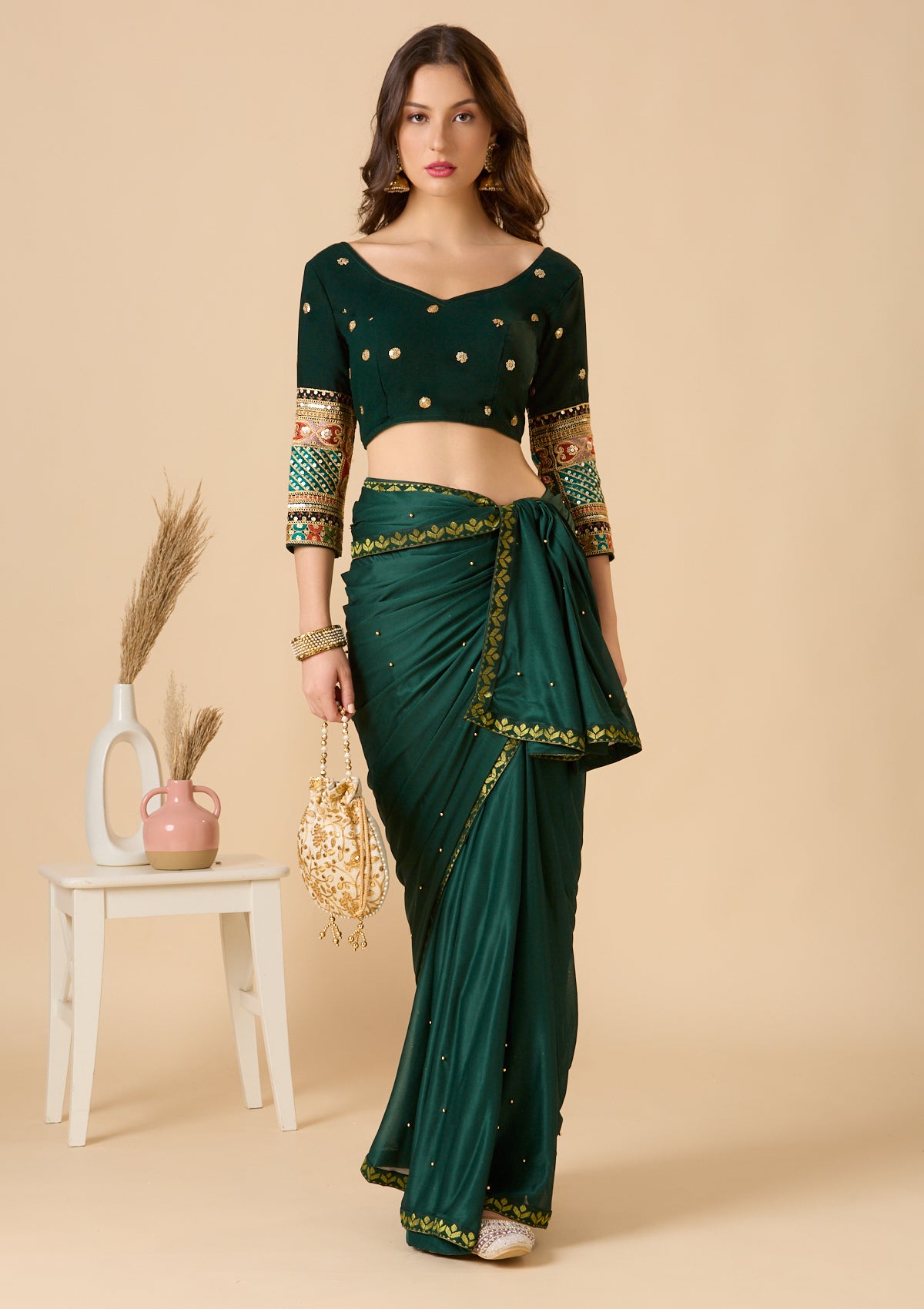 Green Georgette Sweetheart Neck Full Sleeve Readymade Blouse