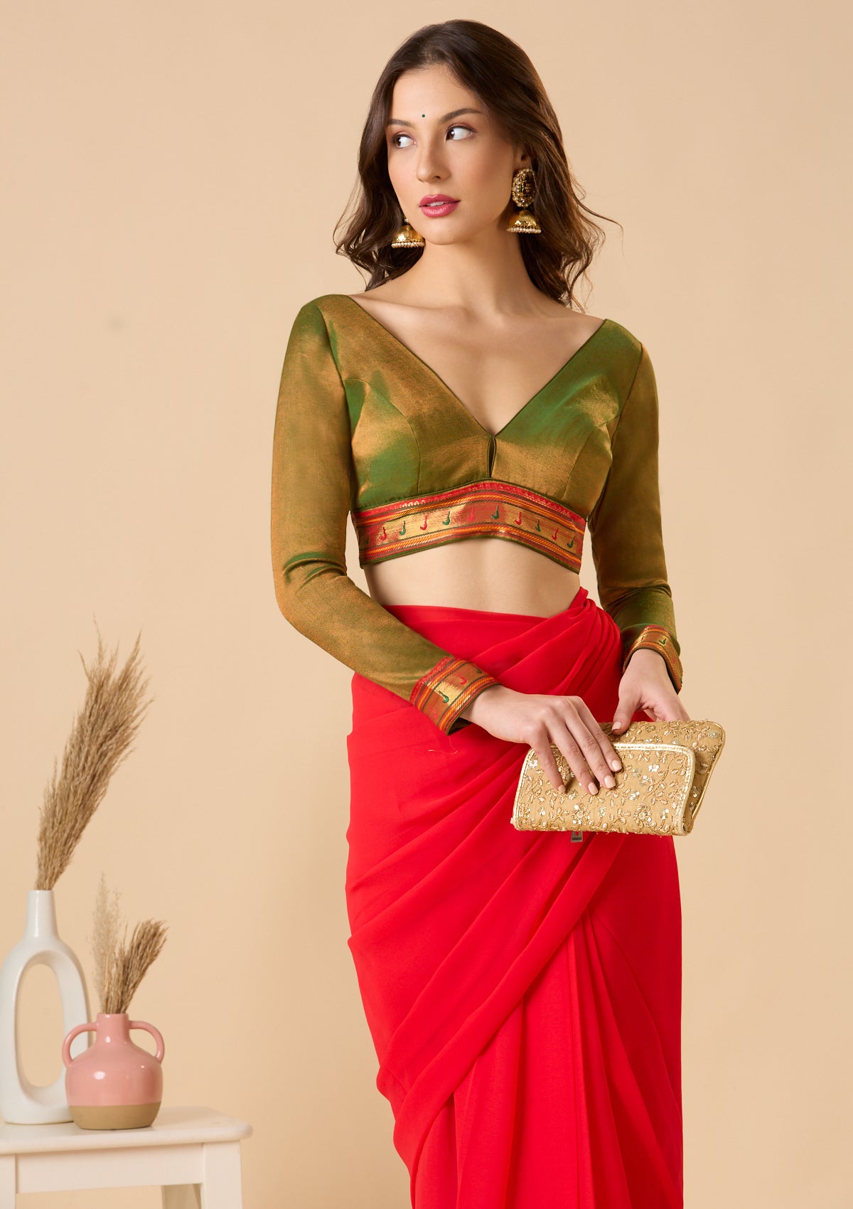 Green Cotton Tissue V Neck Full Sleeves Readymade Blouse