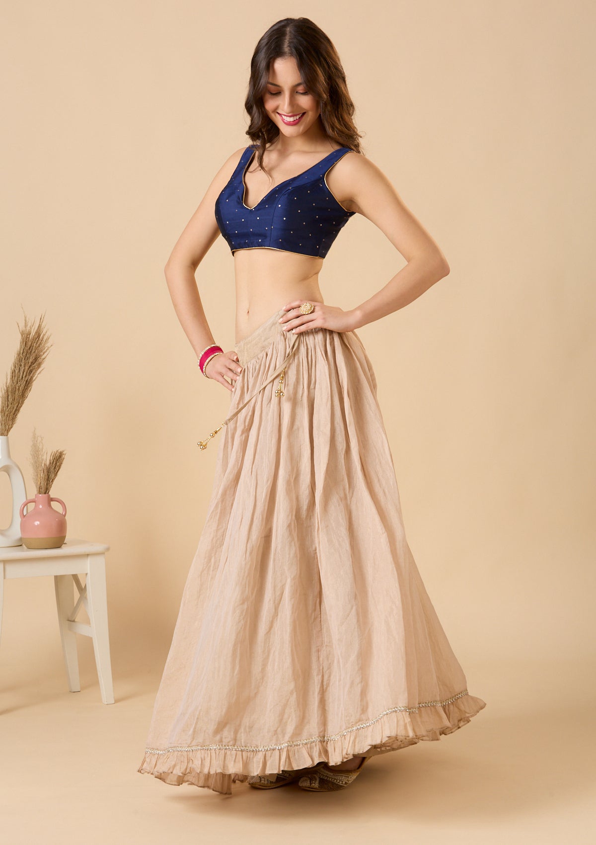 Navy Blue Taffeta Silk Sweetheart Neck Sleeveless Readymade Blouse